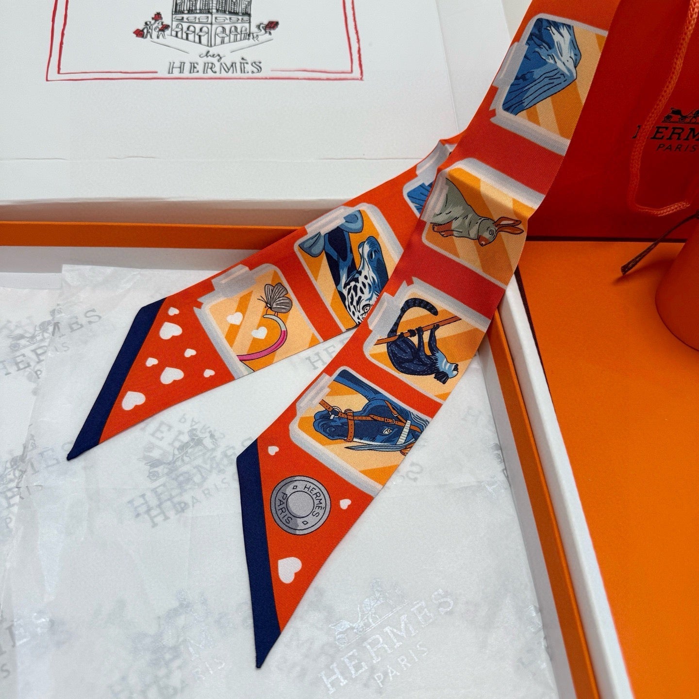 HM Twilly Mini Scarf 86CM Orange Red Colorful Mulberry Silk 957154