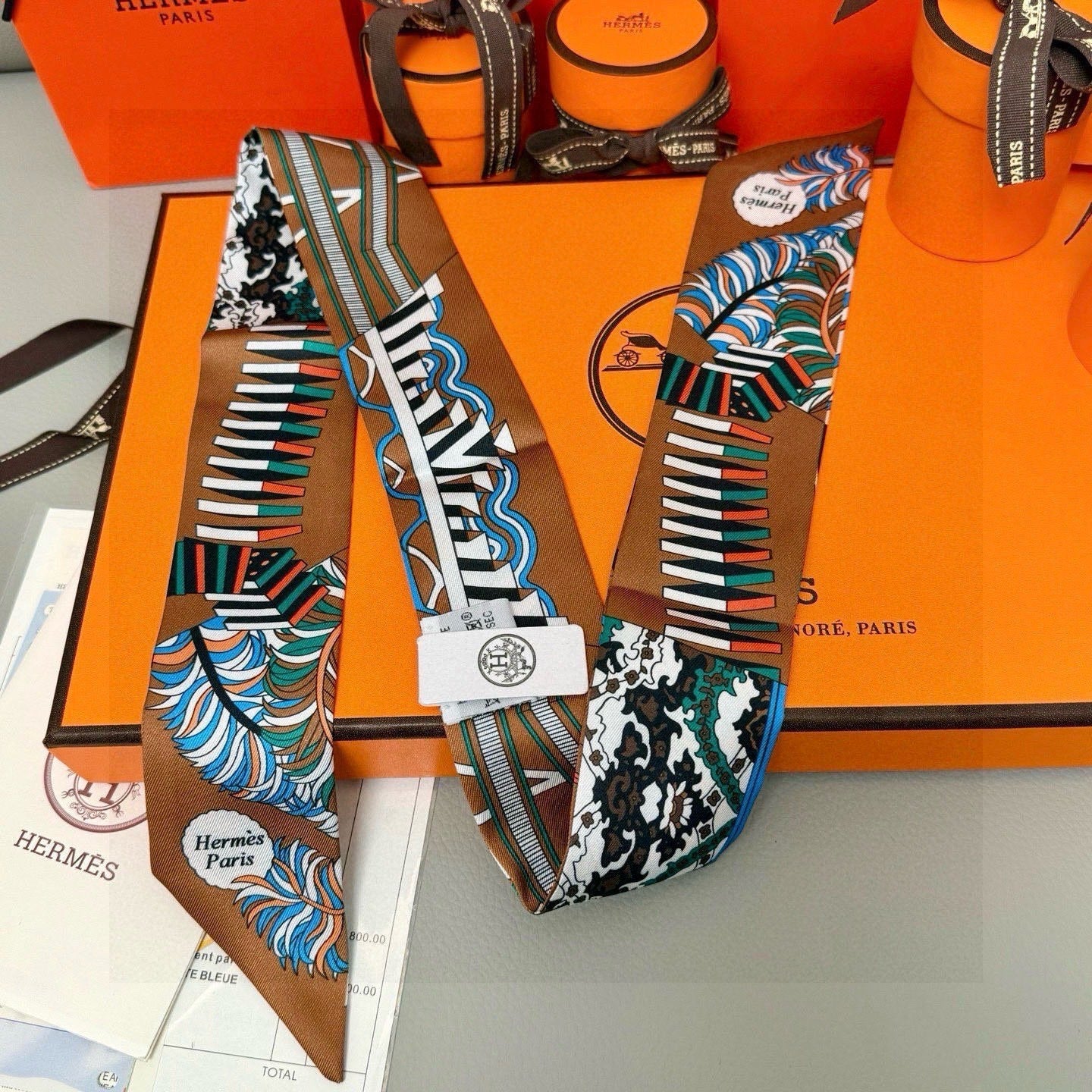 HM Twilly Mini Scarf 86CM Brown Blue Mulberry Silk 969048