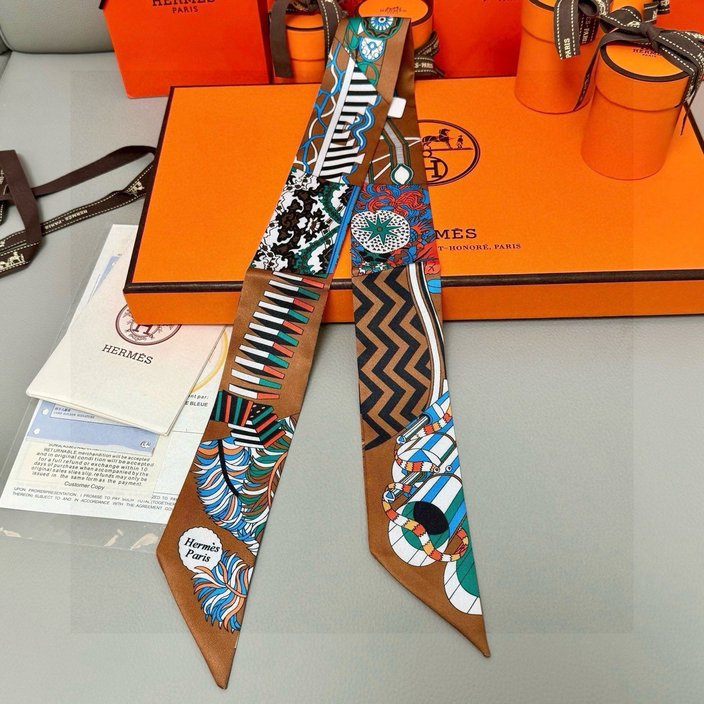 HM Twilly Mini Scarf 86CM Brown Blue Mulberry Silk 969048