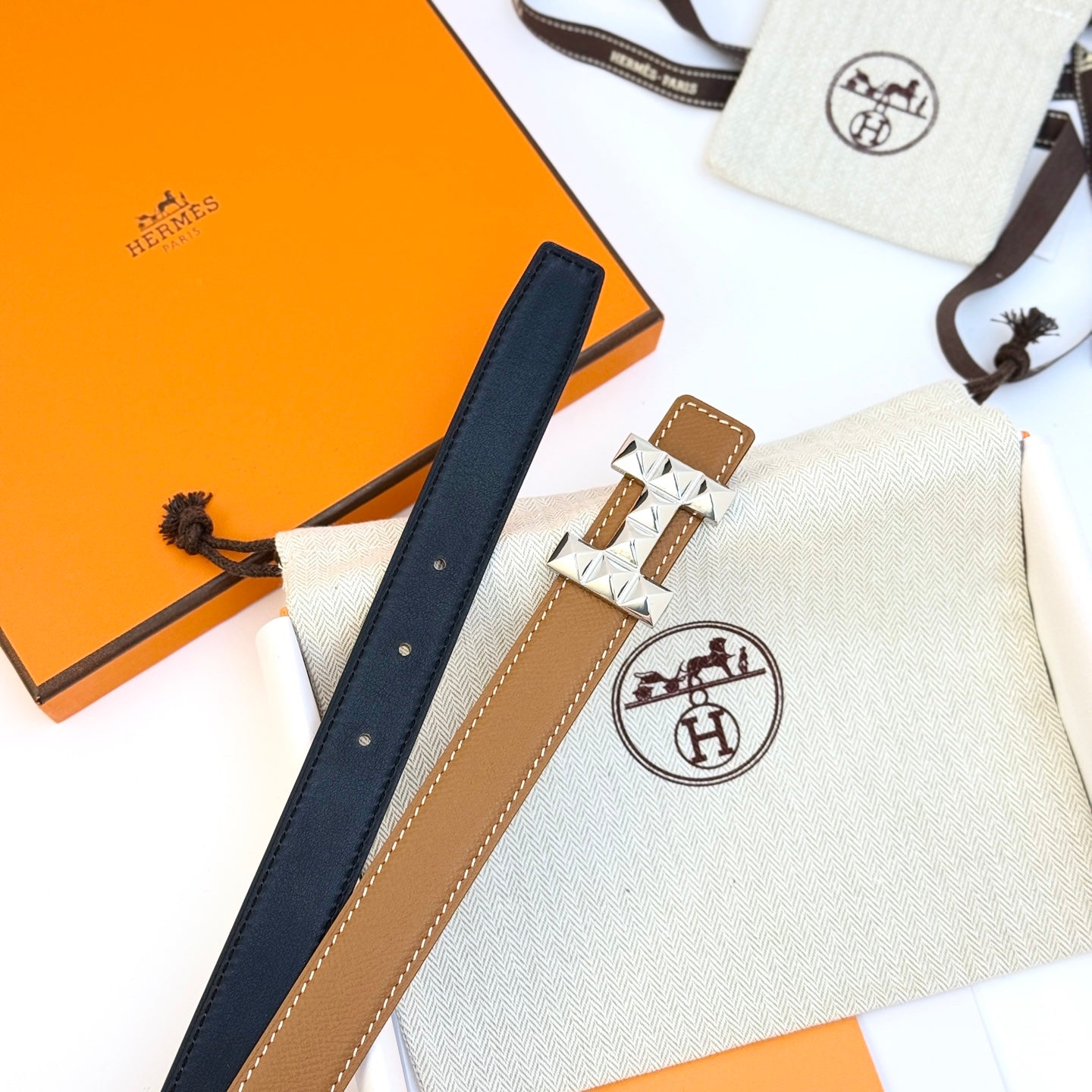 HM Infini Reversible Belt 24mm Brown Epsom Silver Buckle