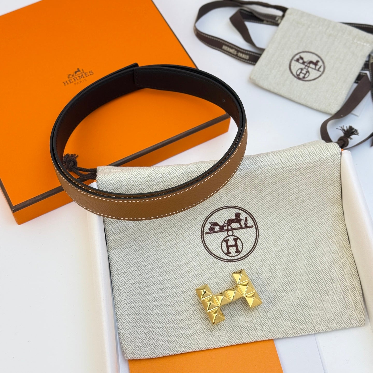 HM Infini Reversible Belt 24mm Brown Epsom Gold Buckle