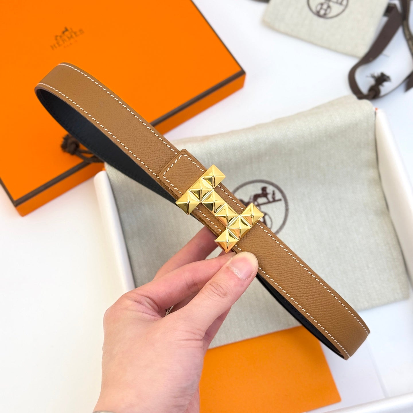 HM Infini Reversible Belt 24mm Brown Epsom Gold Buckle