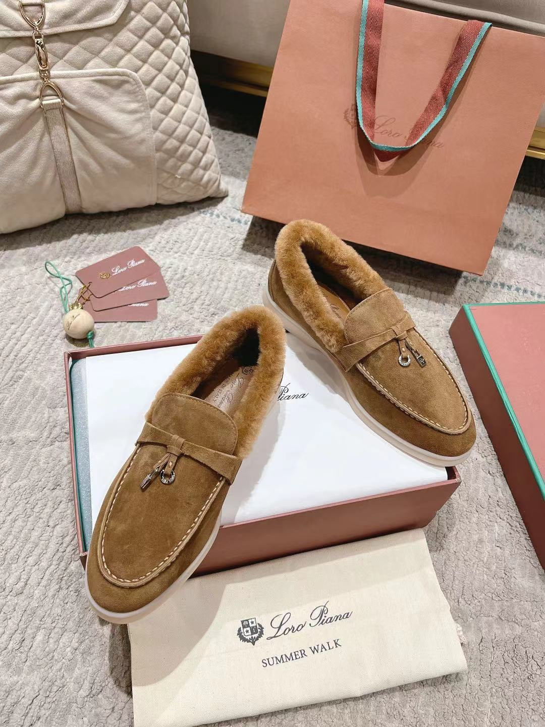 LP Summer Charms Walk Loafers Marigold Brown Suede With Rabbit Fur Lining 206258