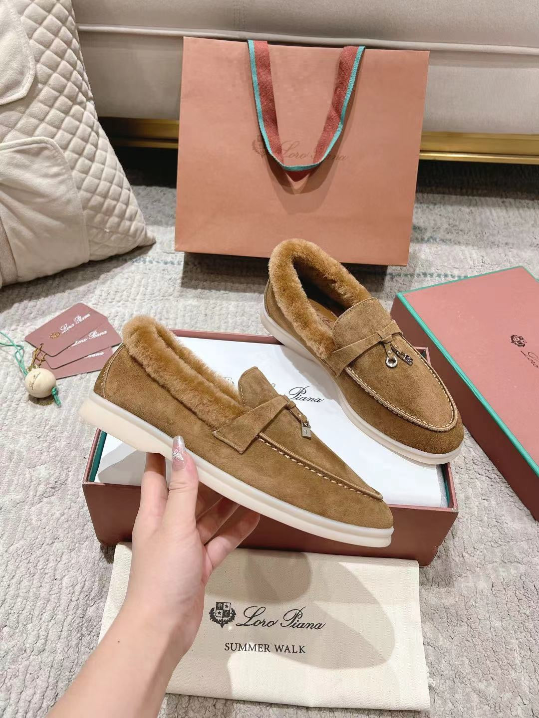 LP Summer Charms Walk Loafers Marigold Brown Suede With Rabbit Fur Lining 206258