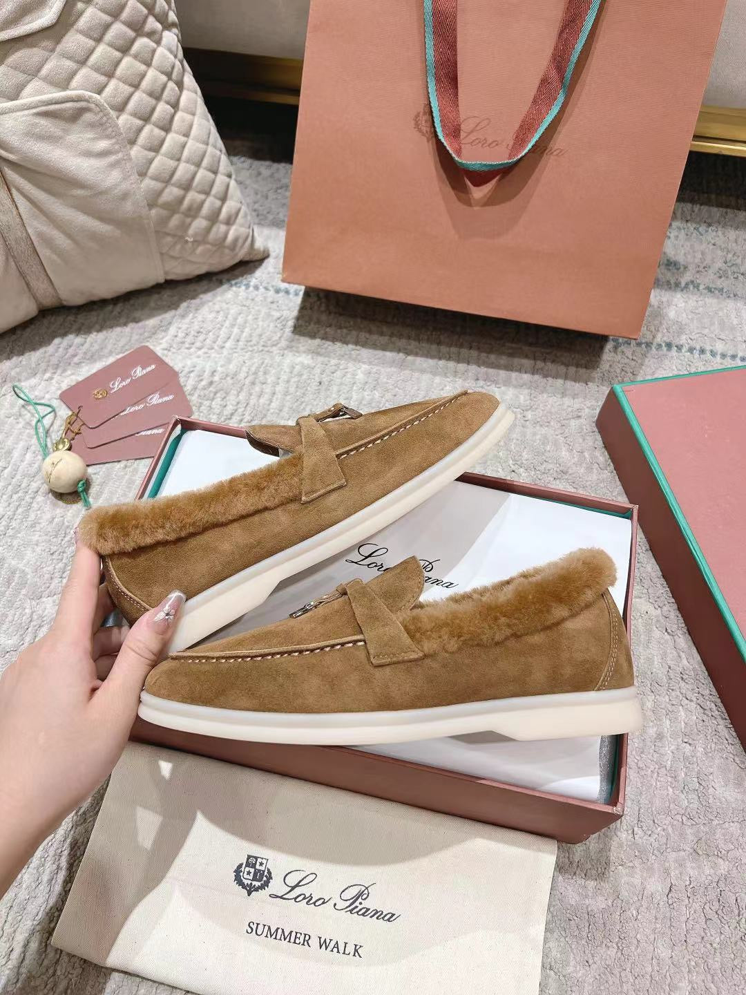 LP Summer Charms Walk Loafers Marigold Brown Suede With Rabbit Fur Lining 206258