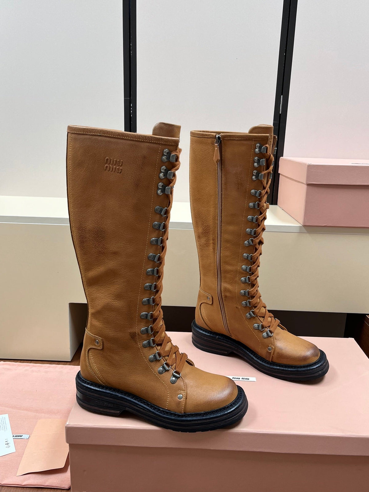 Miu Miu 2026 Lace-Up Boots Tan Leather 157085