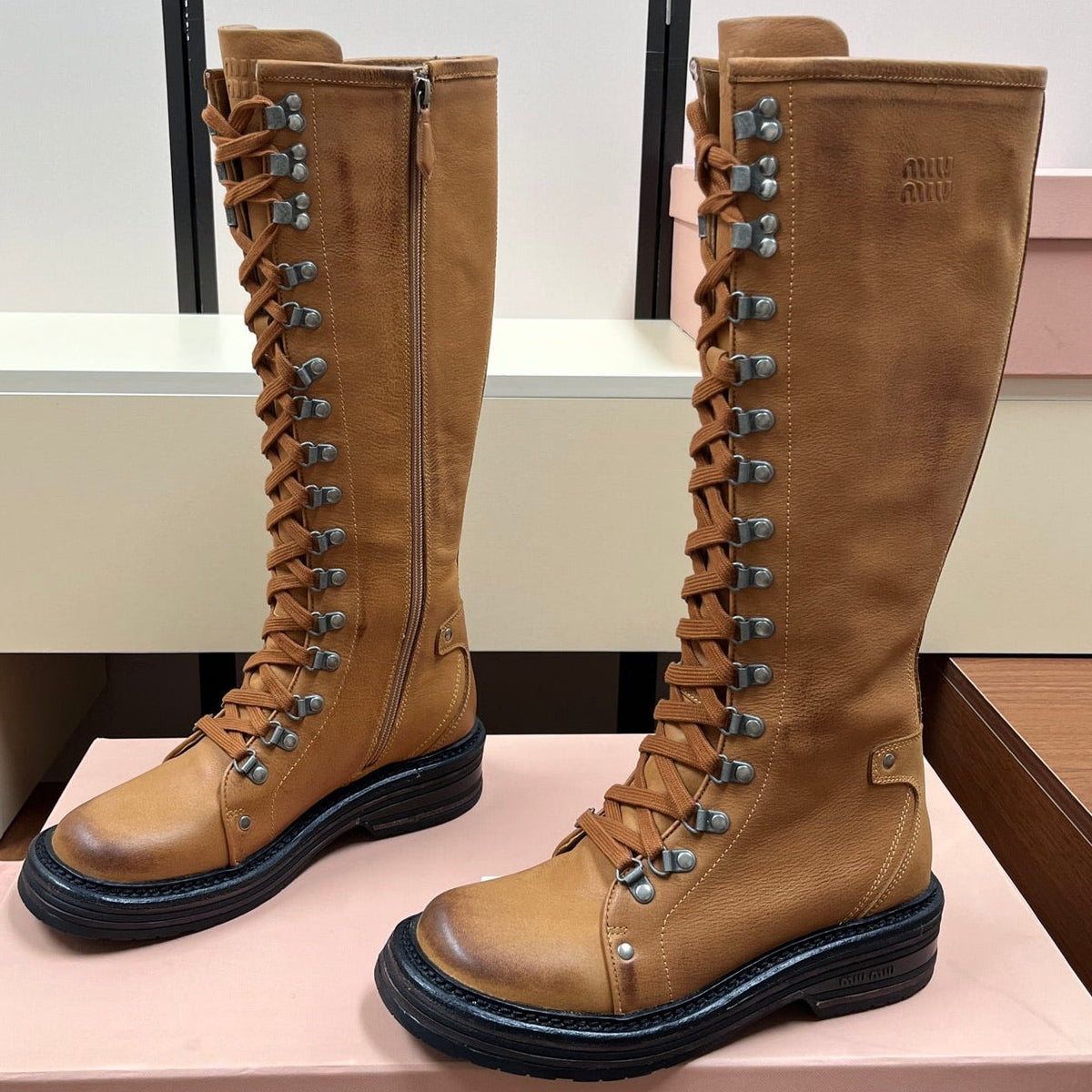 Miu Miu 2026 Lace-Up Boots Tan Leather 157085