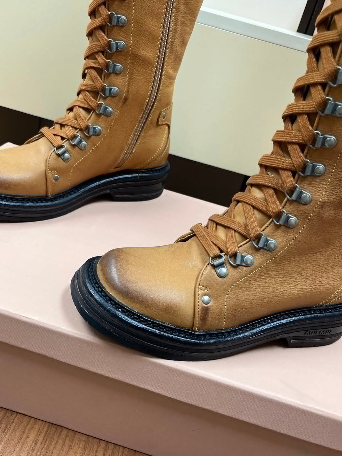 Miu Miu 2026 Lace-Up Boots Tan Leather 157085