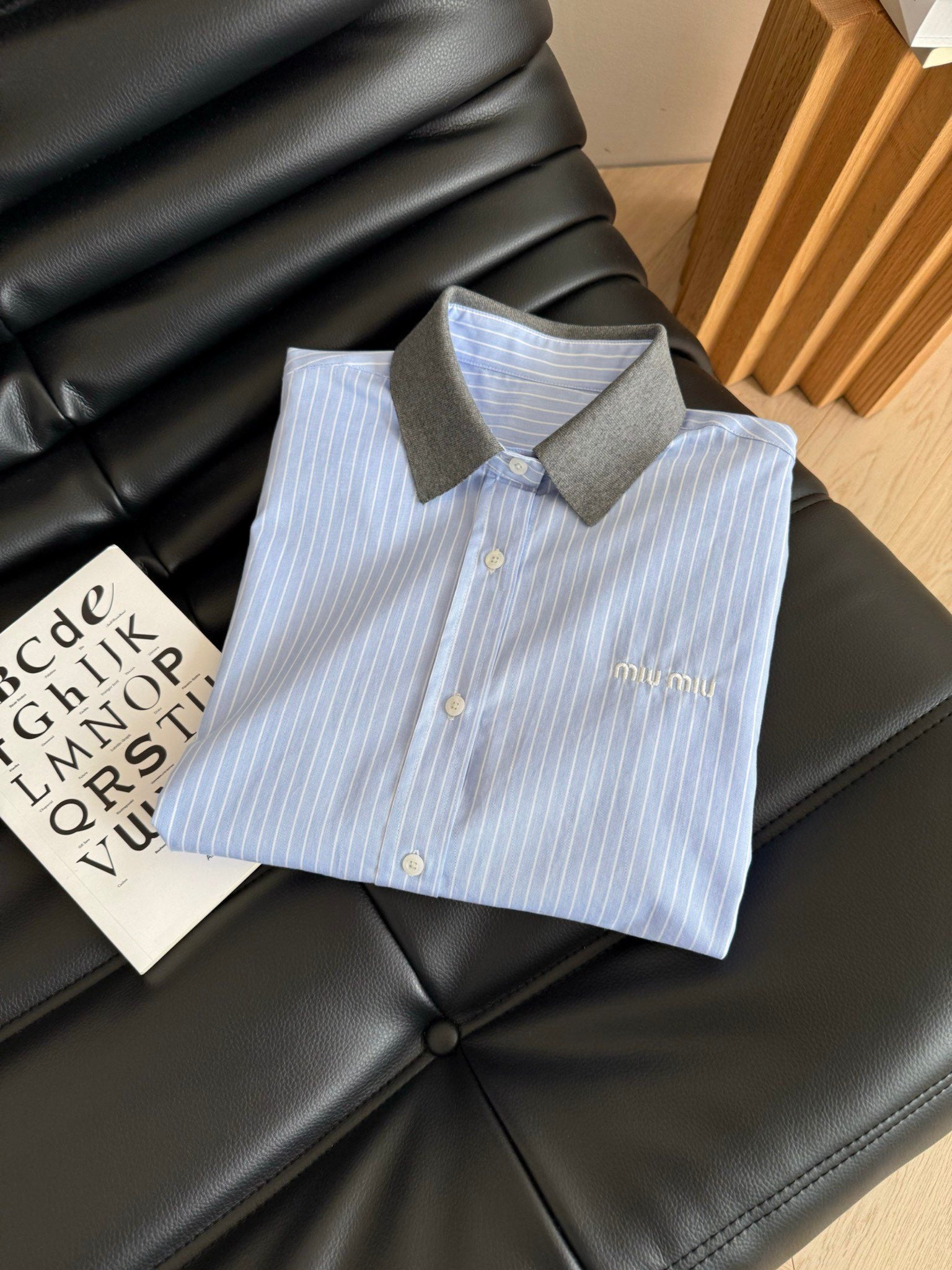 Miu Miu 25 Knitted Collar Patchwork Striped Shirt Blue Gray Cotton