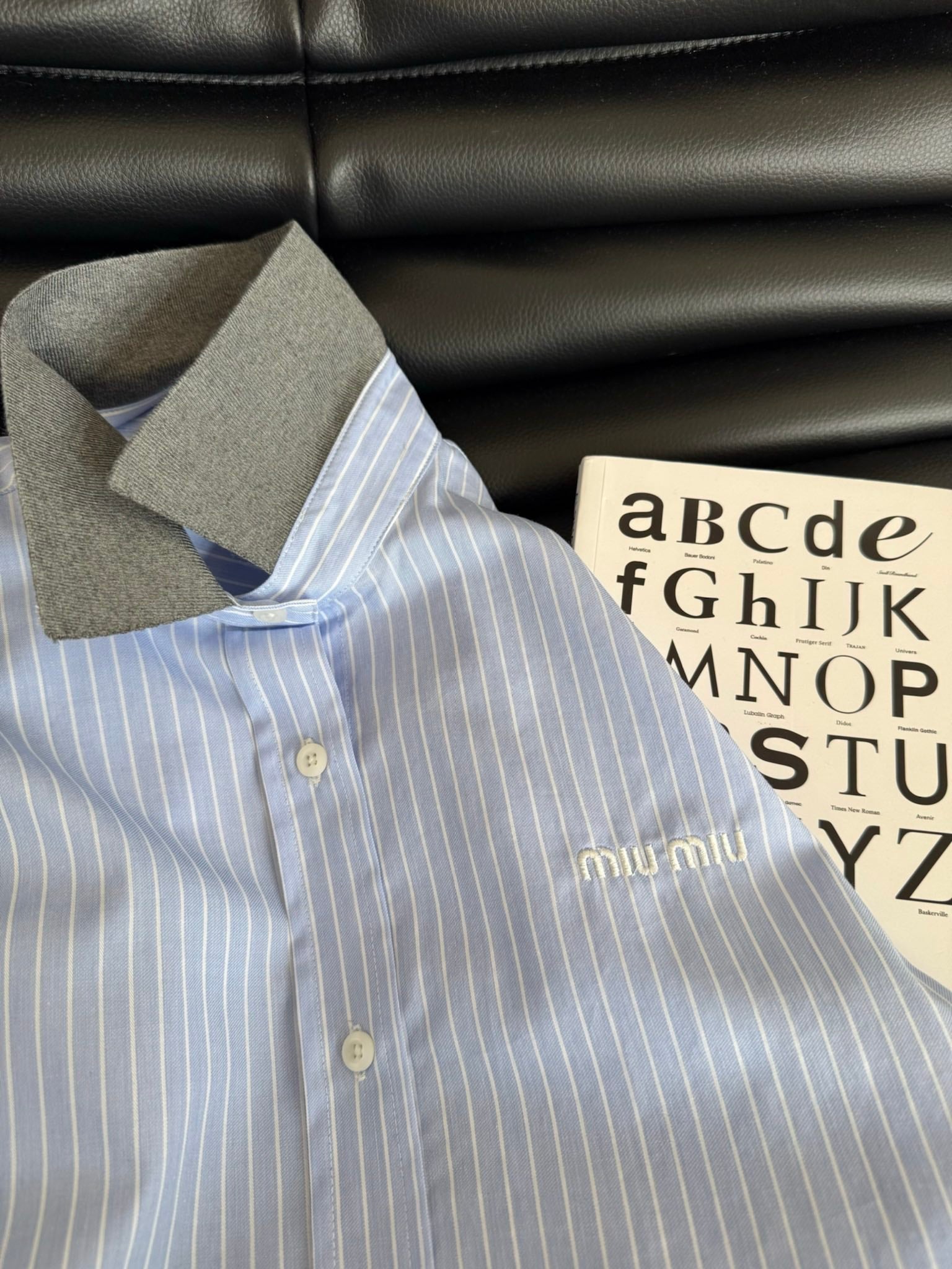 Miu Miu 25 Knitted Collar Patchwork Striped Shirt Blue Gray Cotton