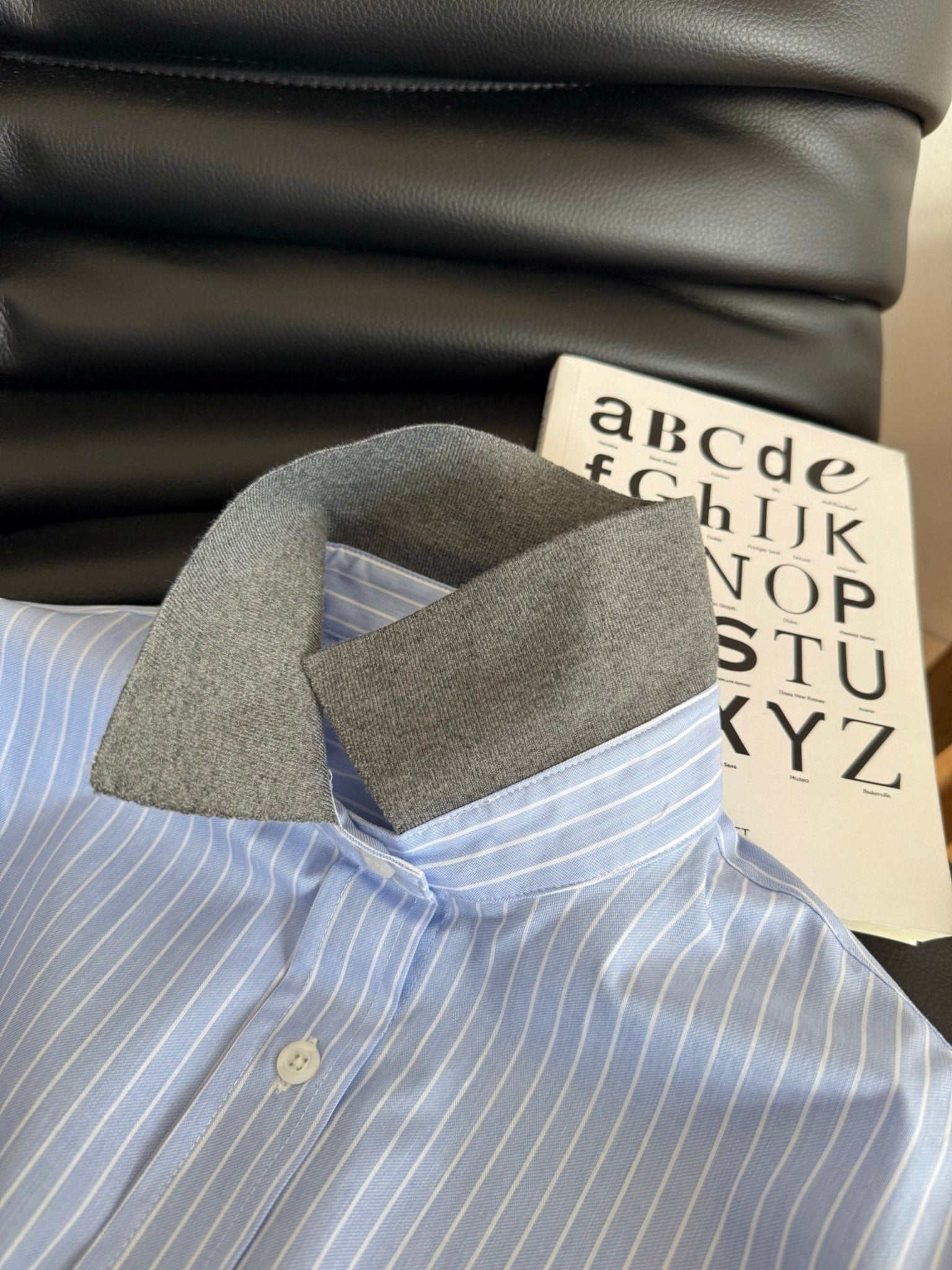 Miu Miu 25 Knitted Collar Patchwork Striped Shirt Blue Gray Cotton