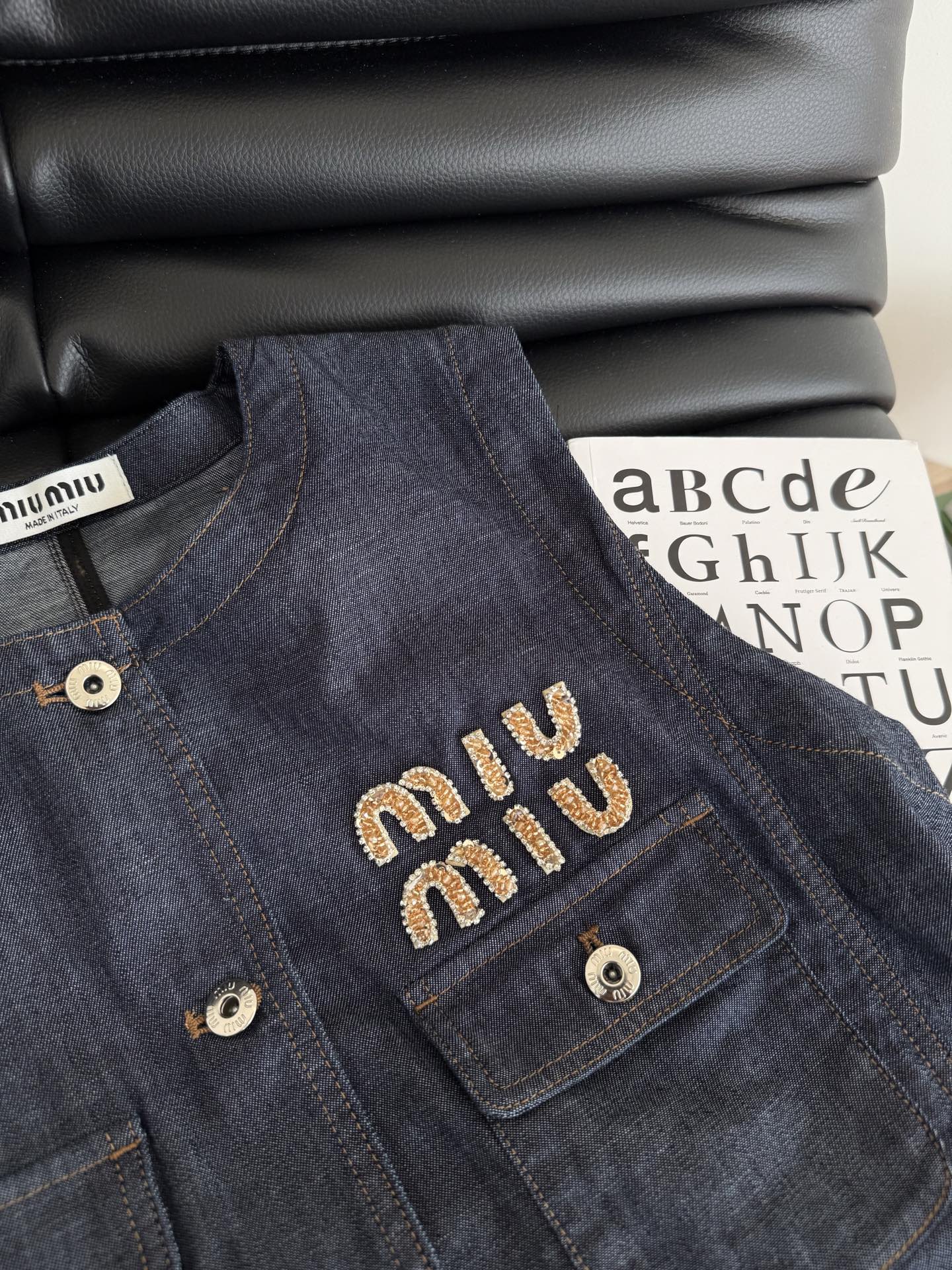 Miu Miu Beaded Letters Decorated Denim Suit Dark Blue Cotton
