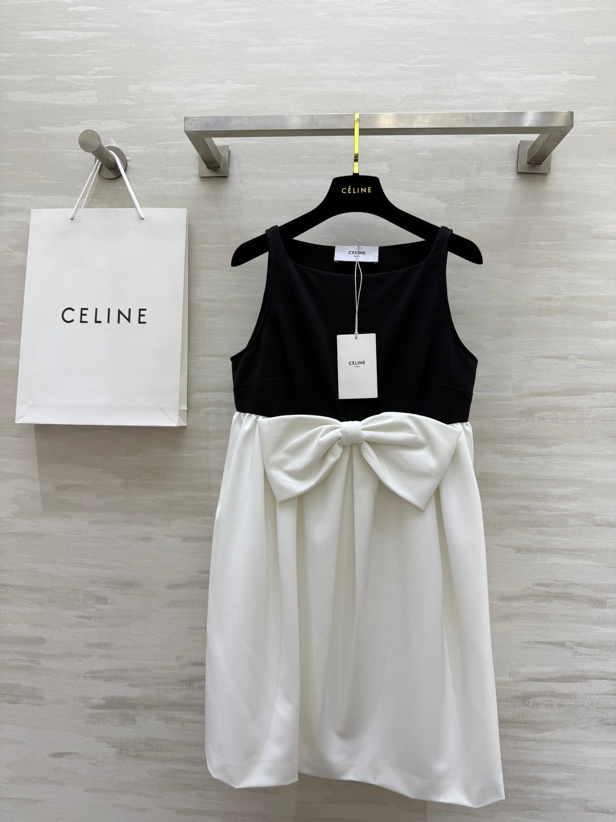 Celine 25 Bow Dress Black mix White Silk