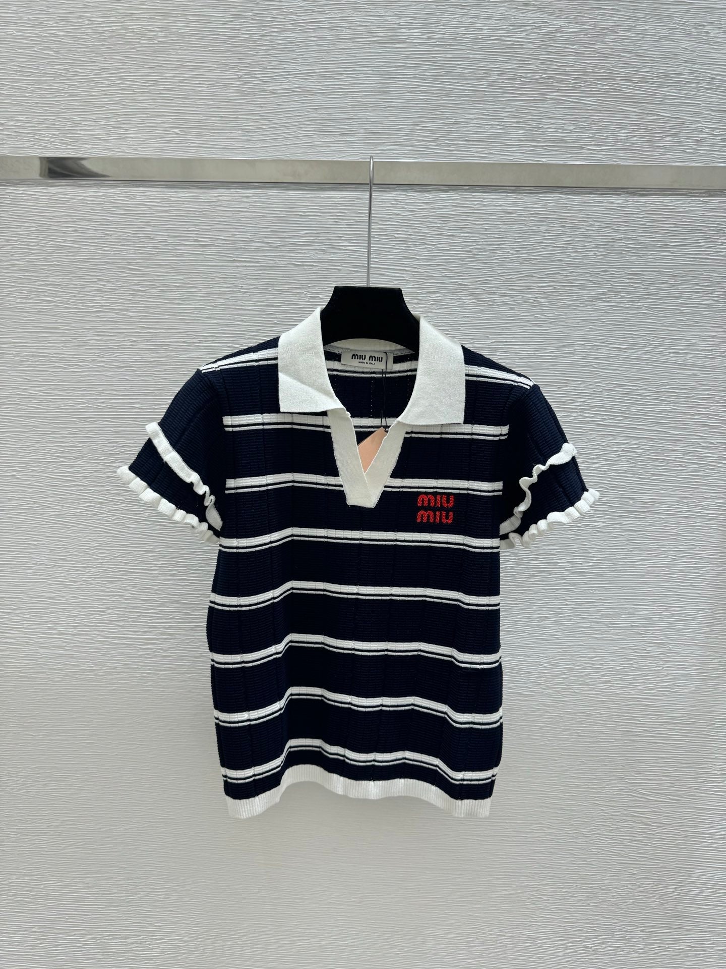 Miumiu 2026 Striped Knit Short-sleeved Top With Peter Pan Collar 258872