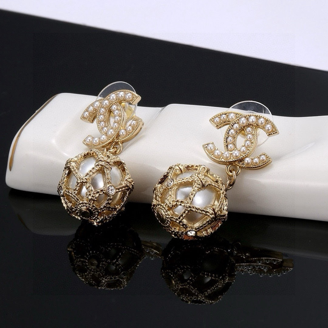 CC Double C Gold Diamond Pearl Earrings
