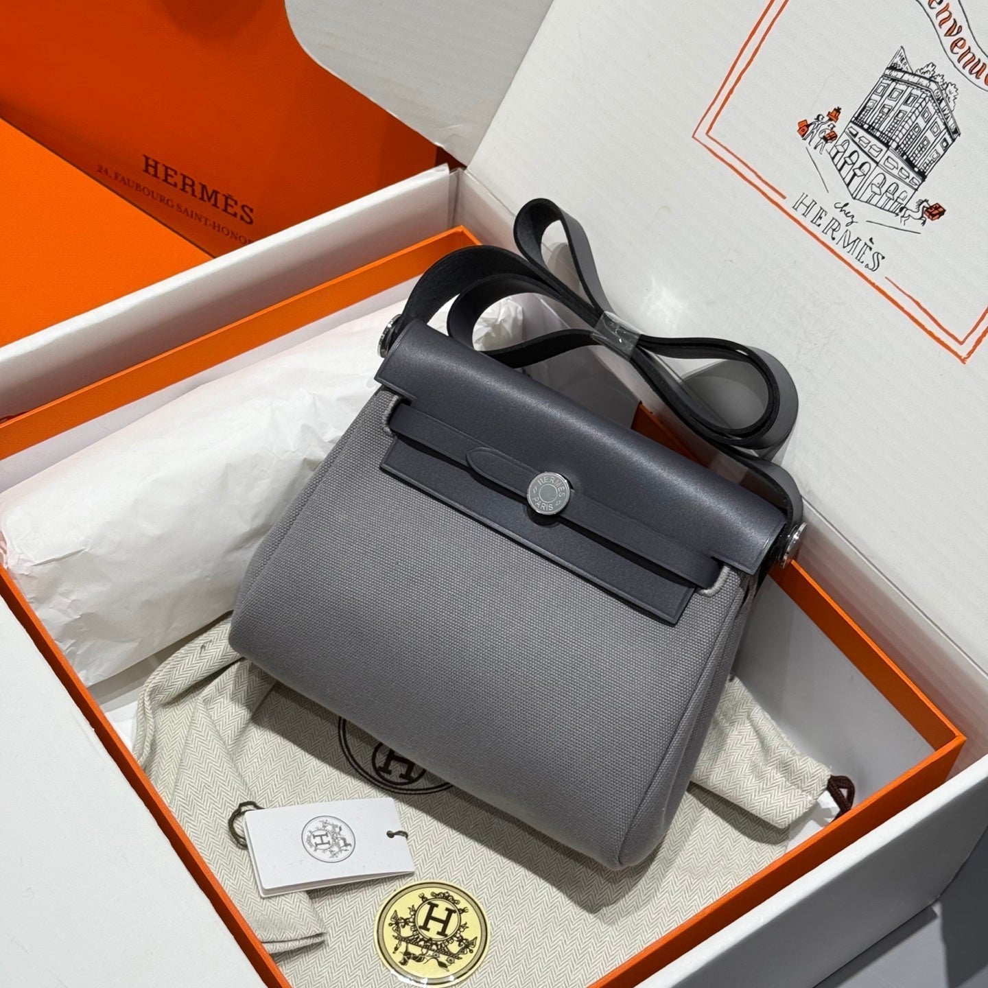 HM Mini Herbag Silver Buckle 20 Gray Canvas and Hunter Cowhide 243265