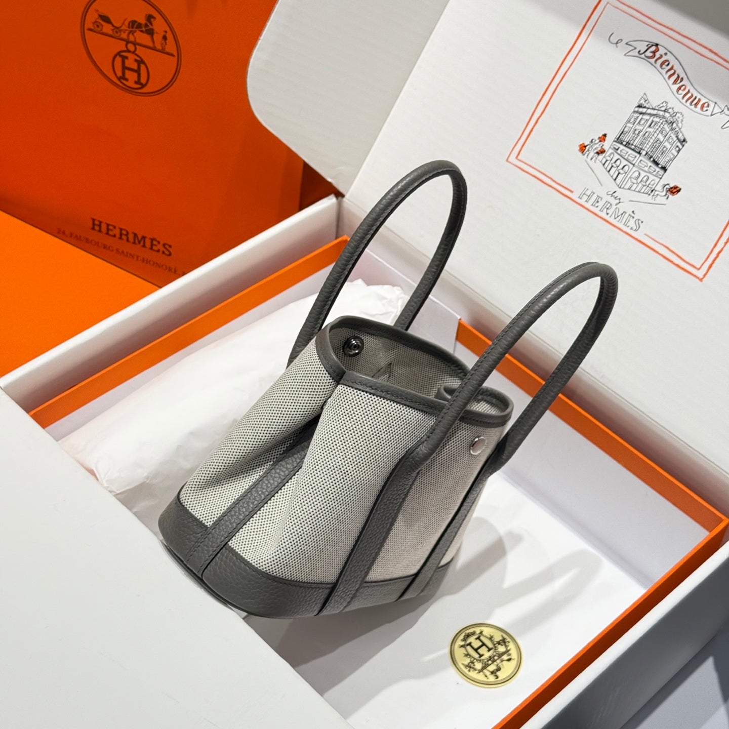 HM Garden Party Mini 23cm Bag Gris Neve Togo Cream Canvas