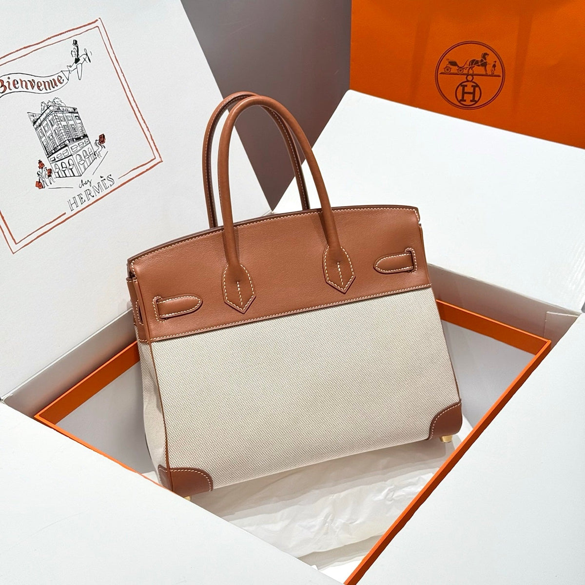 HM Birkin 30 Gold Swift Leather Grey Canvas Gold Hardware