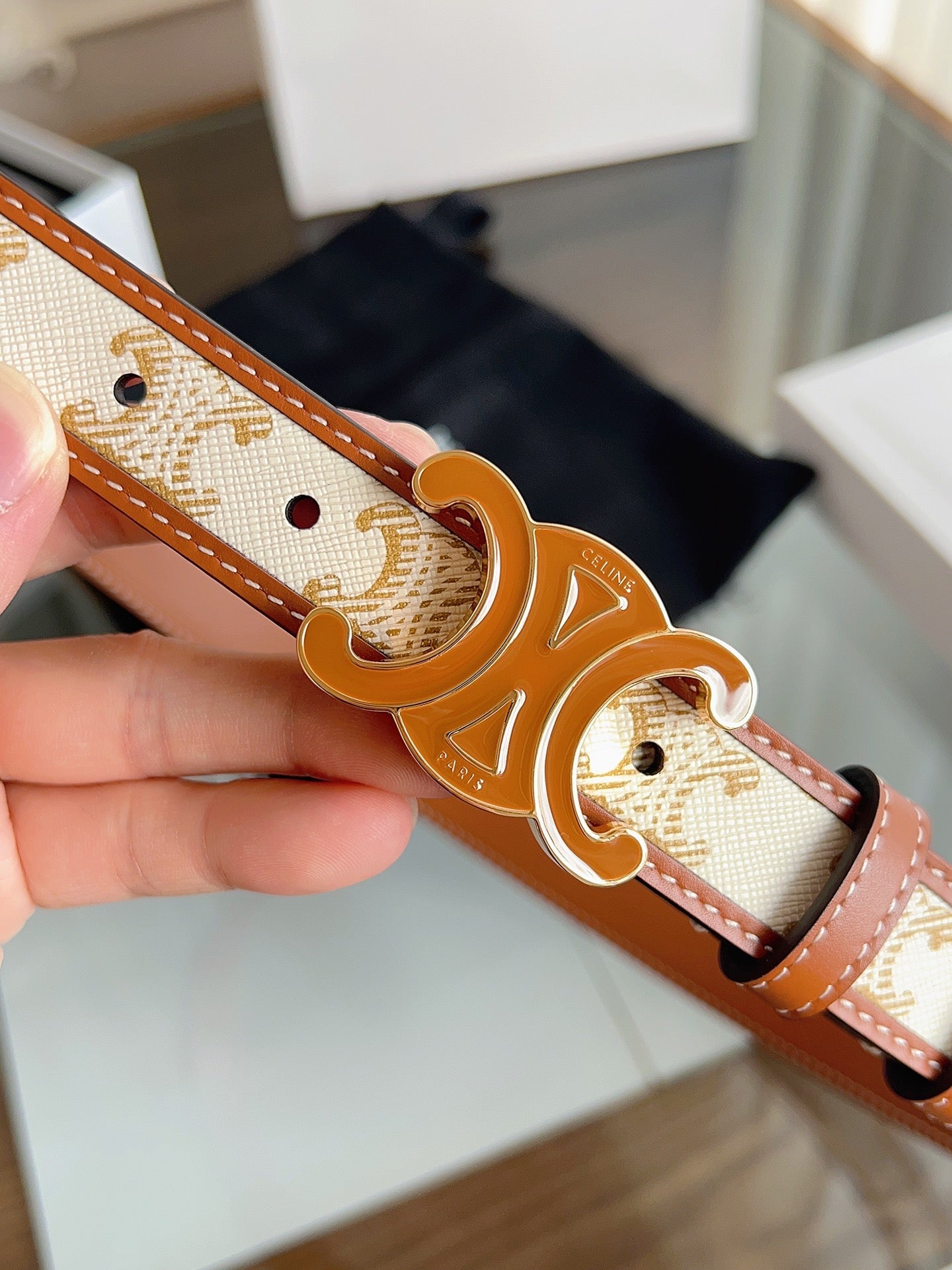 CL Brown 25mm Triomphe Enamel Saddle White Brown Monogram Cowhide 615274