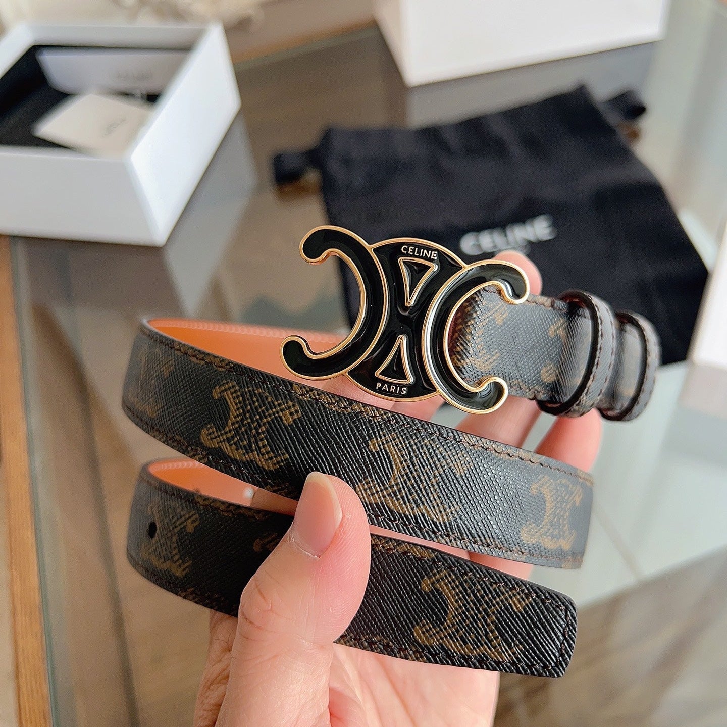 CL Black 25mm Triomphe Enamel Saddle Dark Brown Monogram Cowhide  615275