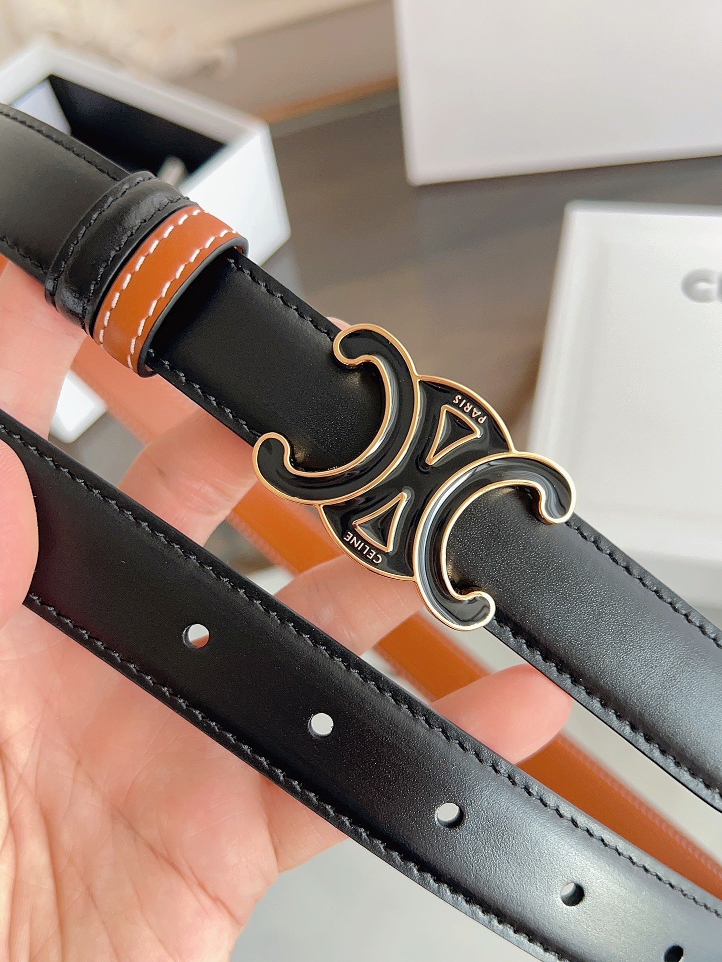 CL Black 25mm Triomphe Enamel Black Orange Cowhide  615281