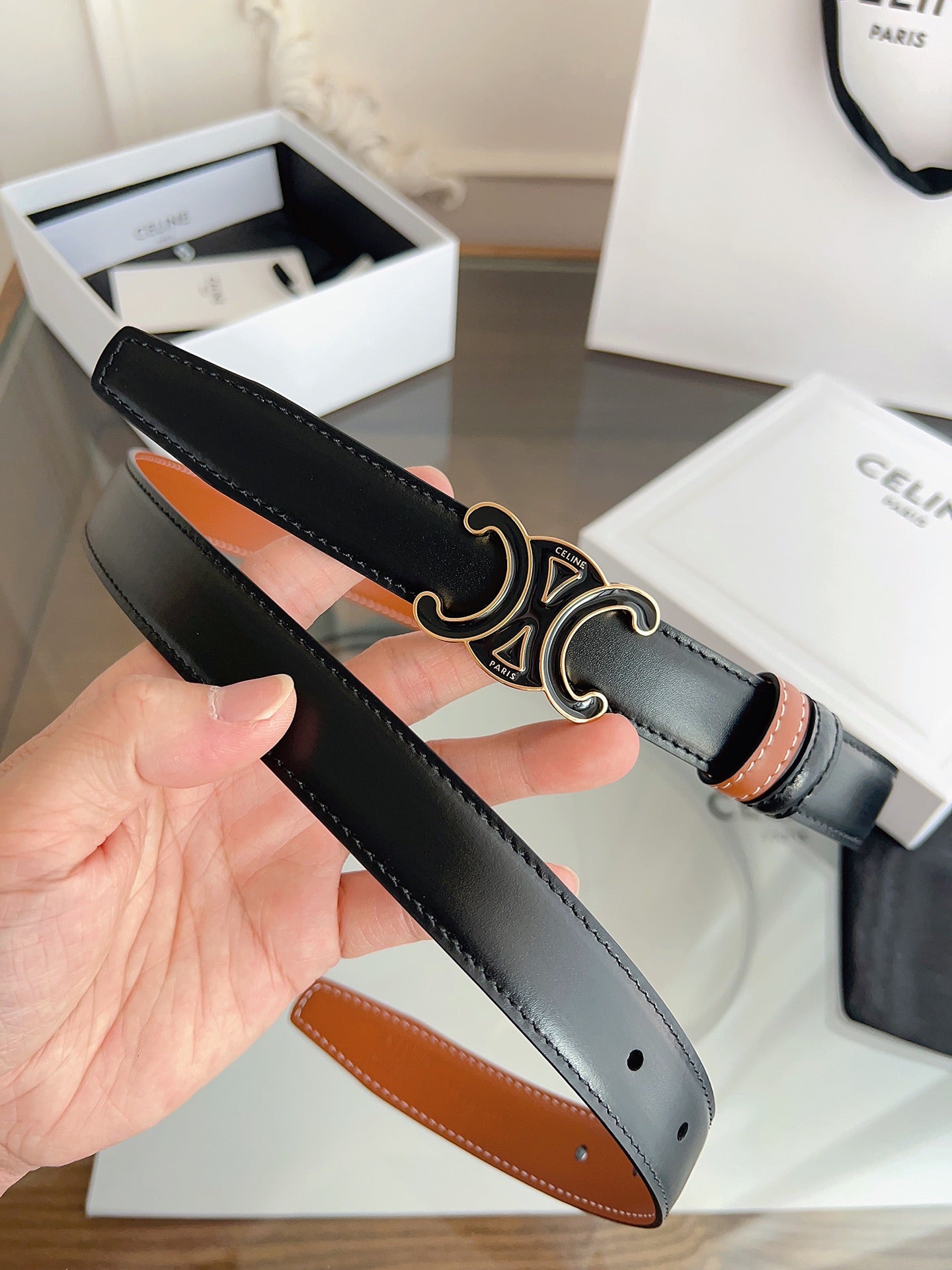CL Black 25mm Triomphe Enamel Black Orange Cowhide  615281