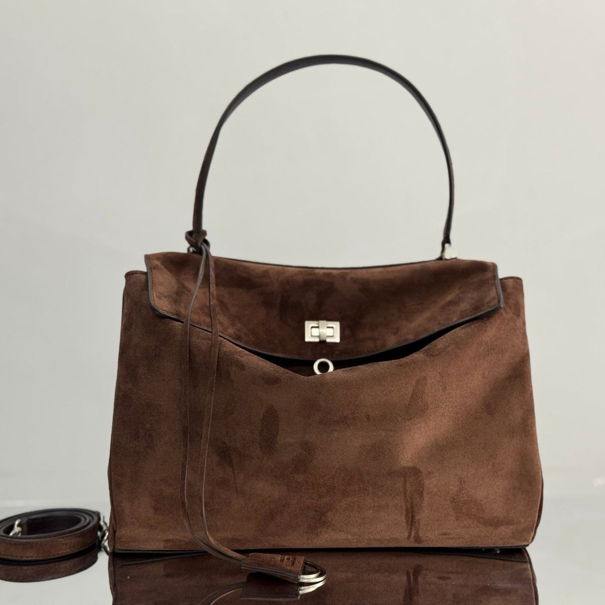 Balenciaga Large Medium Bag 35 Coffee Brown Suede Sliver Hardware