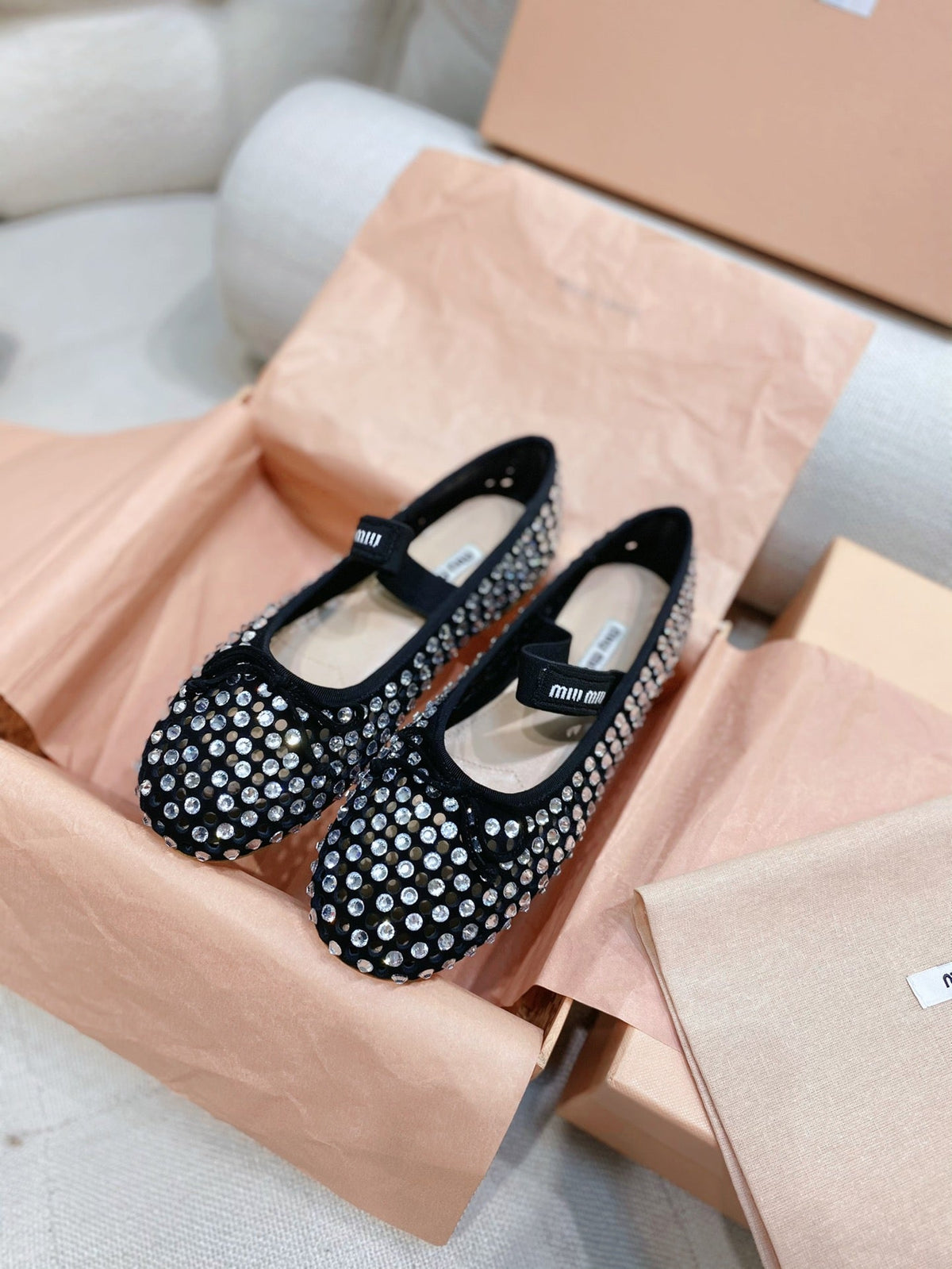 Miu Miu 2026 Crystal-Embellished Fishnet Ballet Flat Black Cowhide 155473