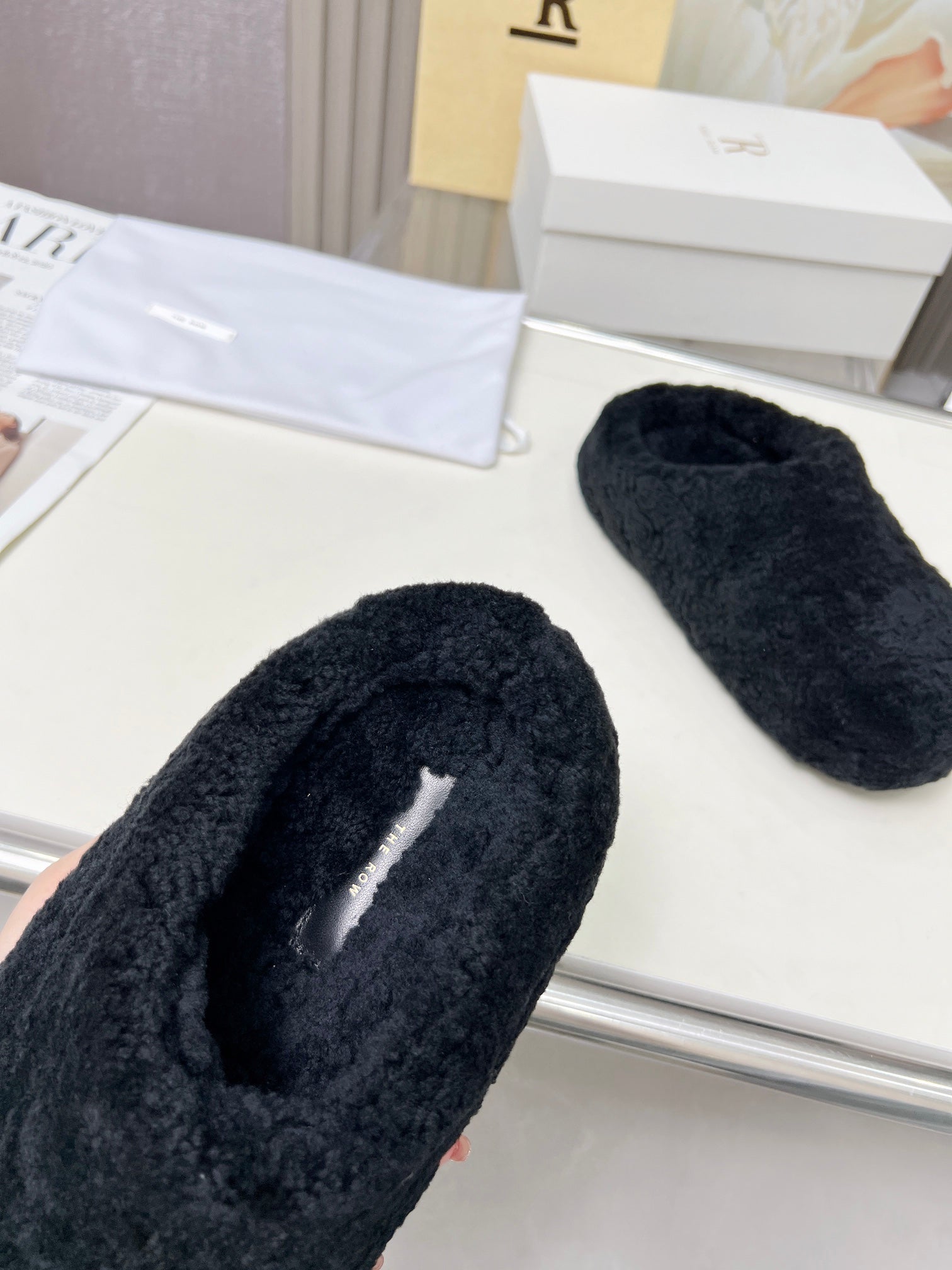 The Row 2025 Retro Oversized Toe Birkenstock Slipper Black Wool 576033