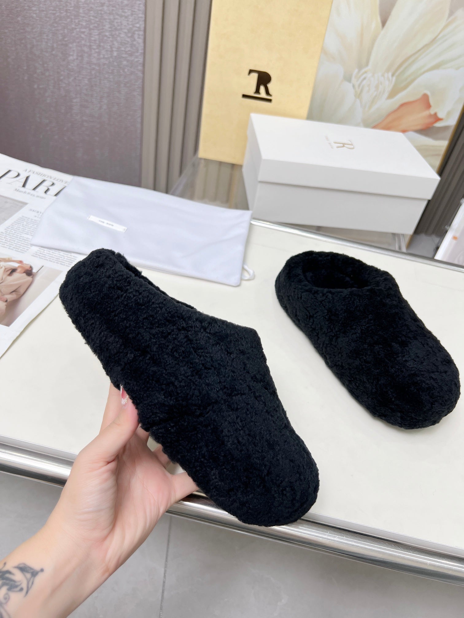 The Row 2025 Retro Oversized Toe Birkenstock Slipper Black Wool 576033