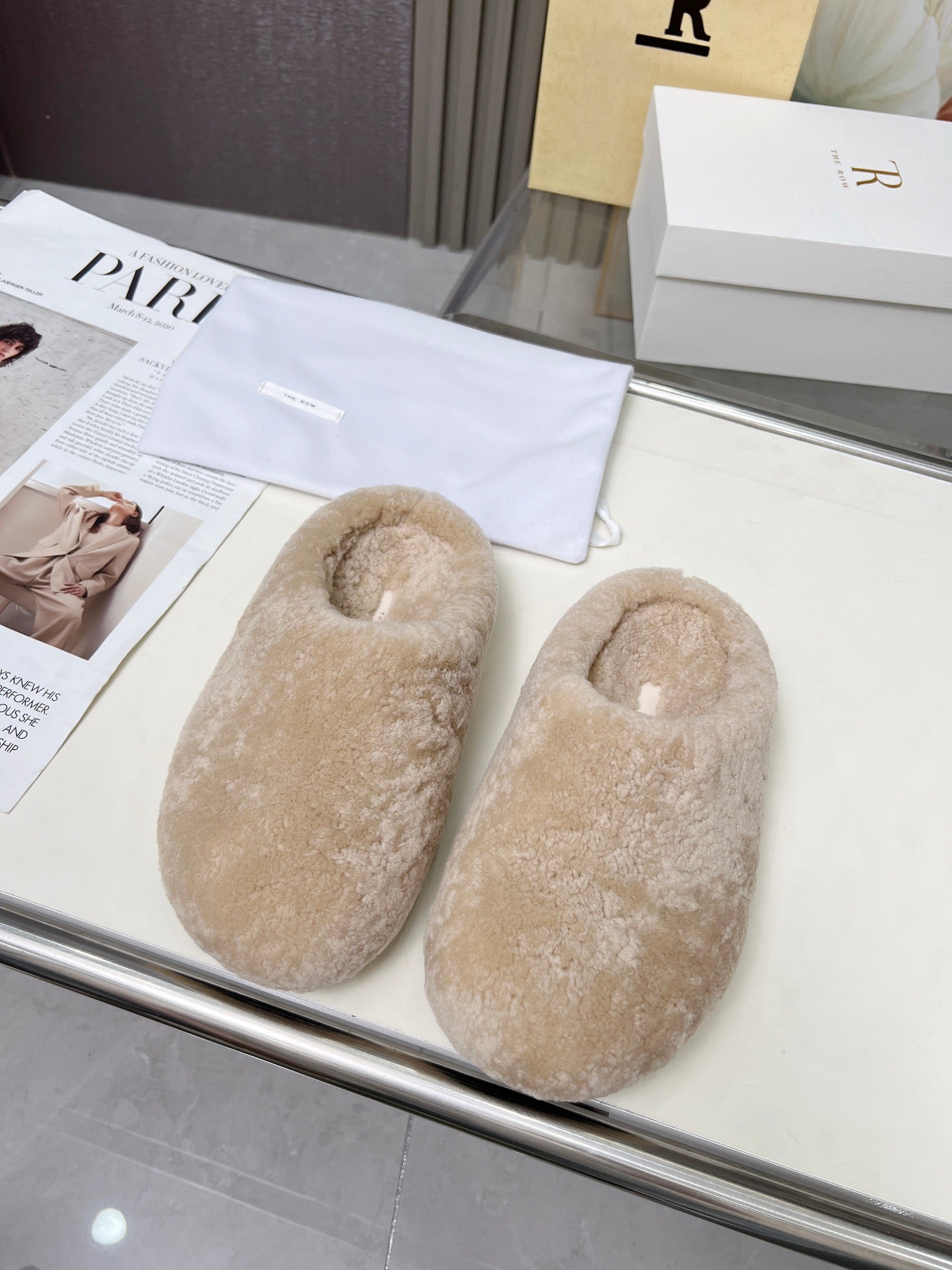 The Row 2025 Retro Oversized Toe Birkenstock Slipper Beige Wool 576034