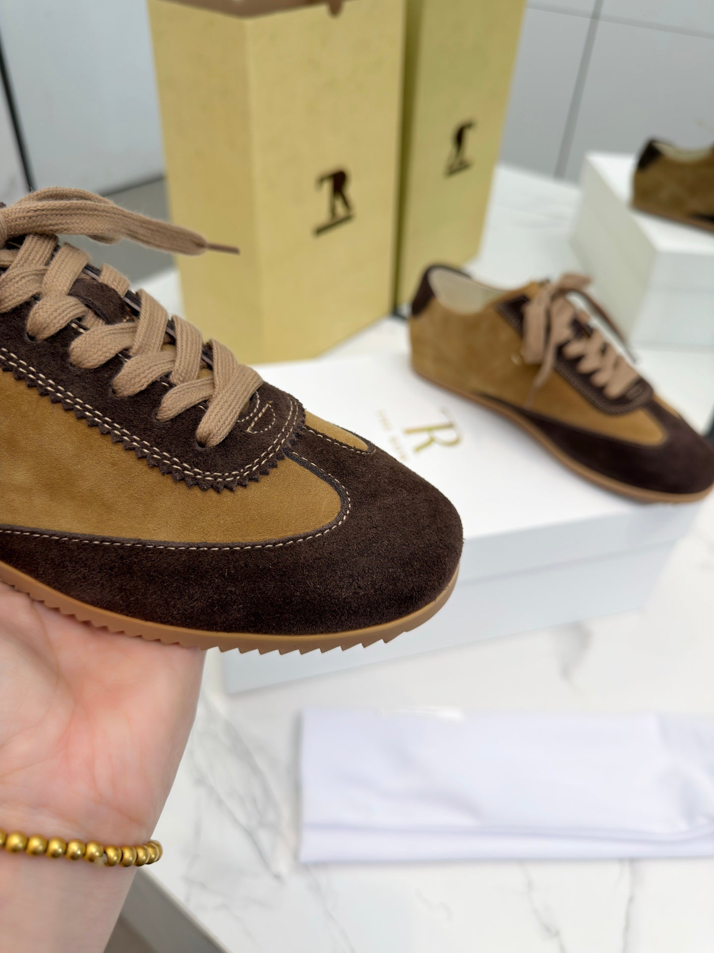 The Row 2025 Sneaker Dark Brown mix Tan Suede Sheepskin 576014