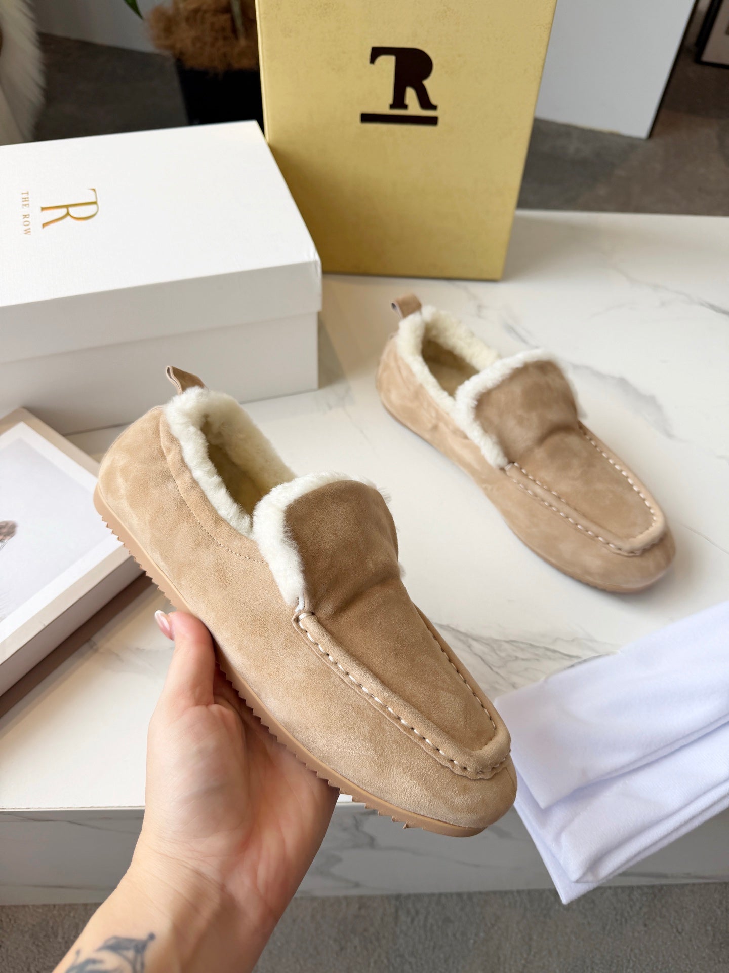 The Row 2025 Loafer Beige Suede Wool 576844