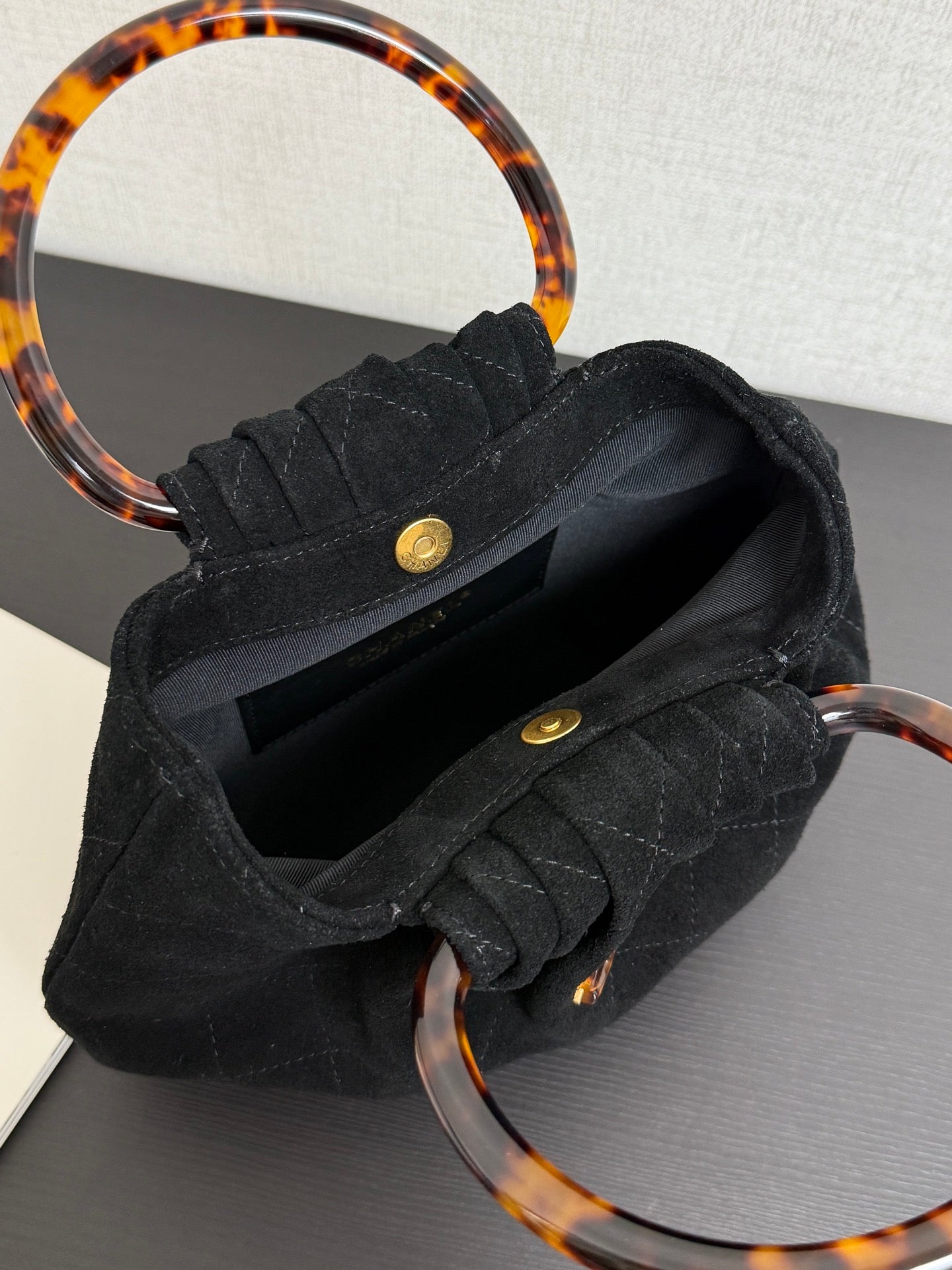 Chanel 2026 Pouch 24cm Black Tortoiseshell Suede Effect Plexi