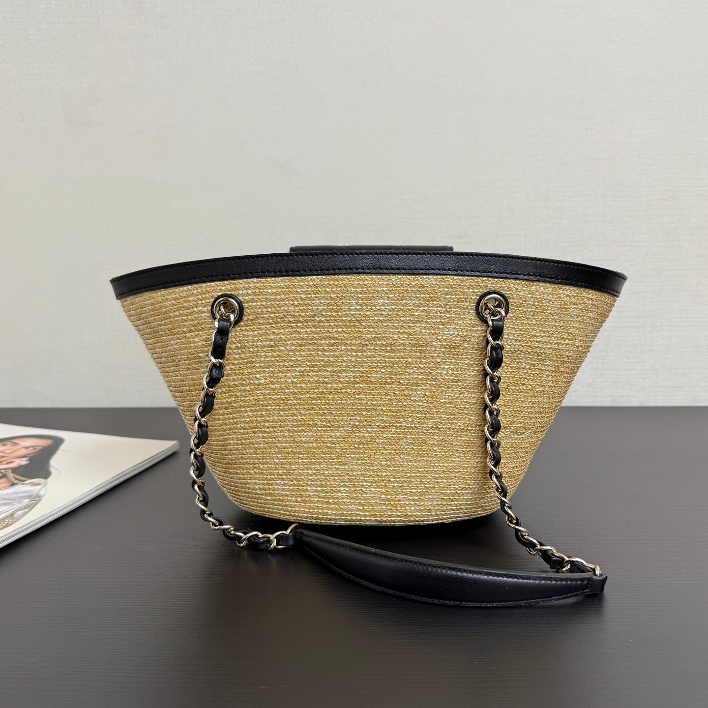 Chanel 2026 Shopping Bag 34cm Beige Black Straw Lambskin