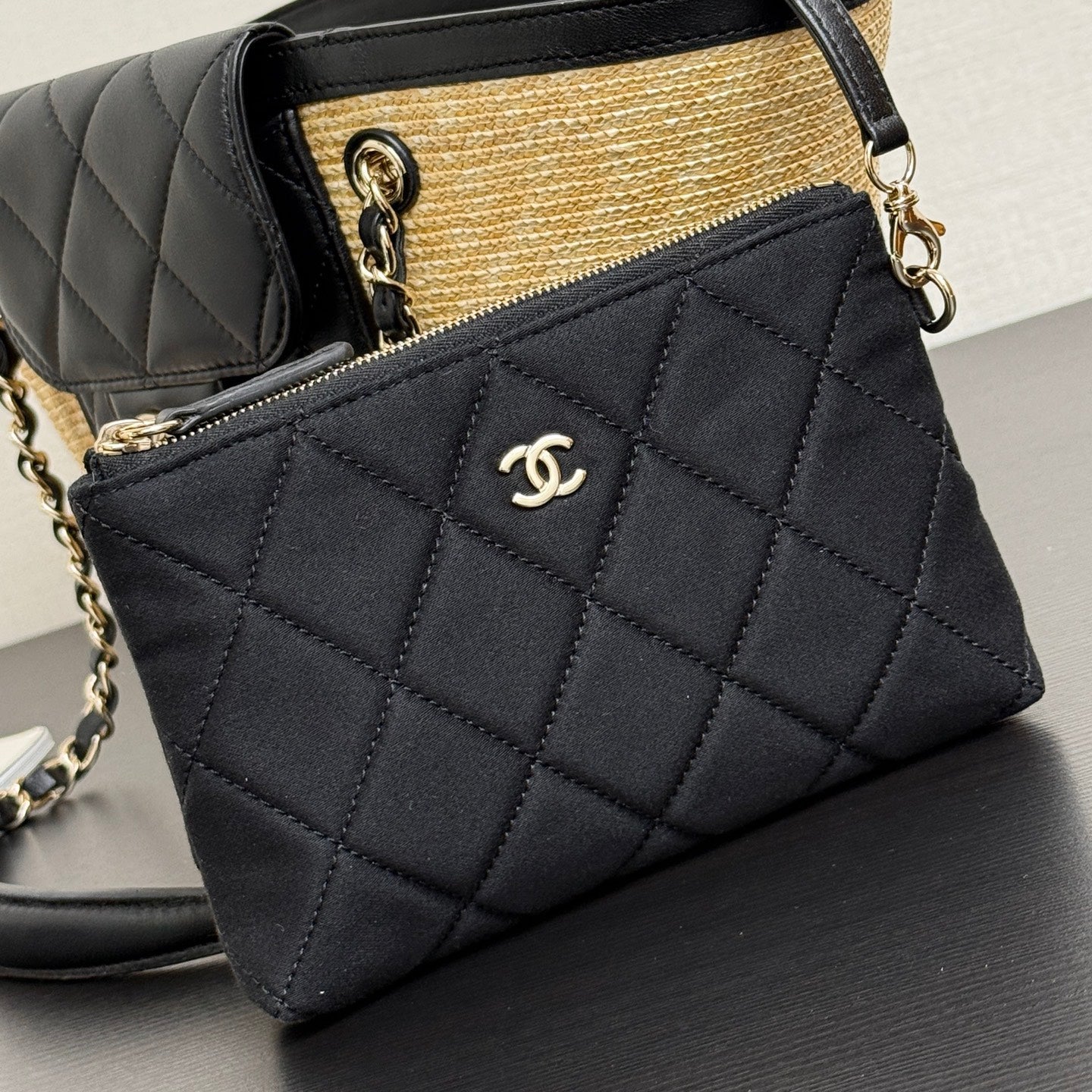 Chanel 2026 Shopping Bag 34cm Beige Black Straw Lambskin