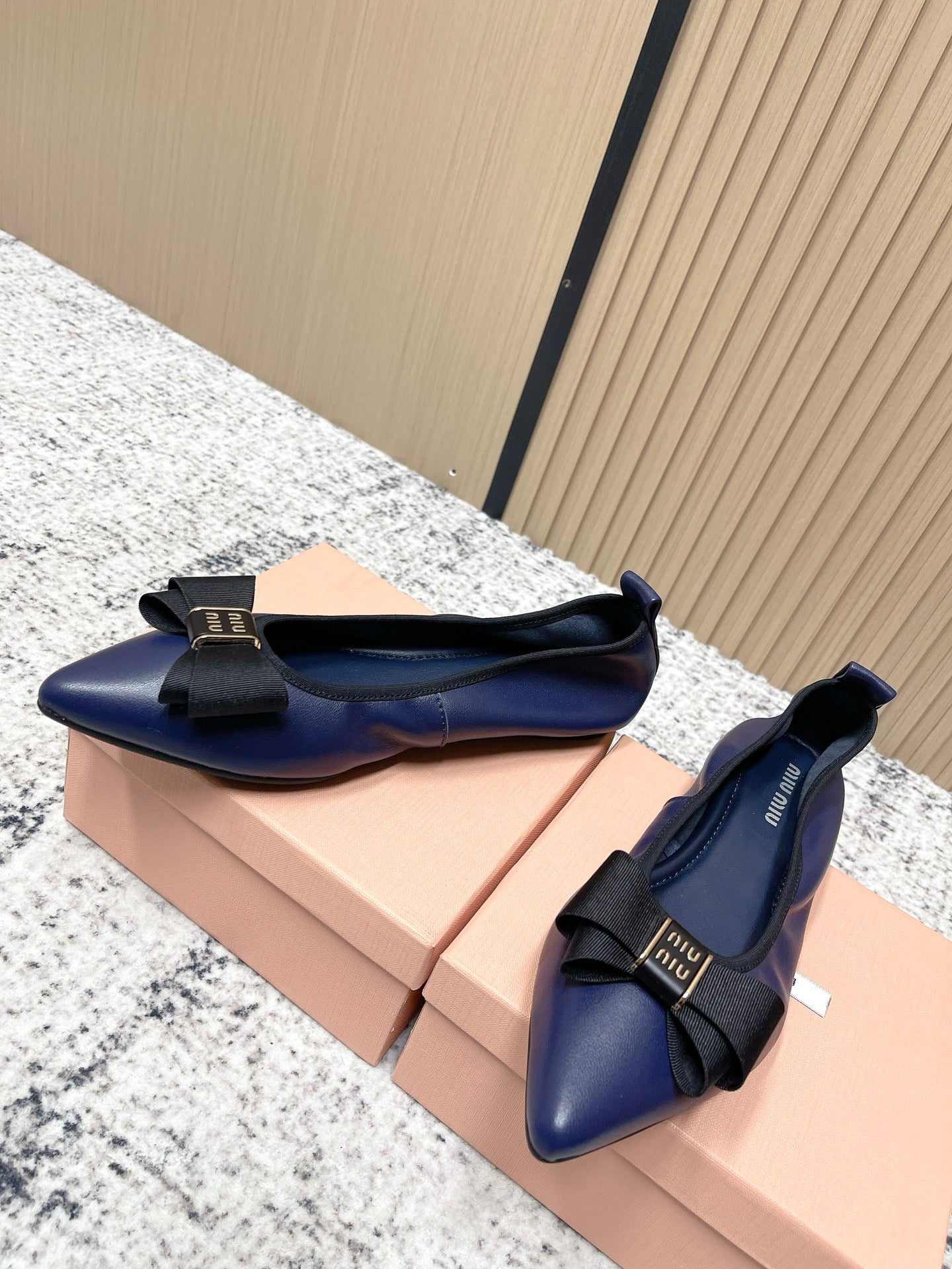 Miu Pointed-Toe Ballet Flats Navy Blue Sheepskin 591563