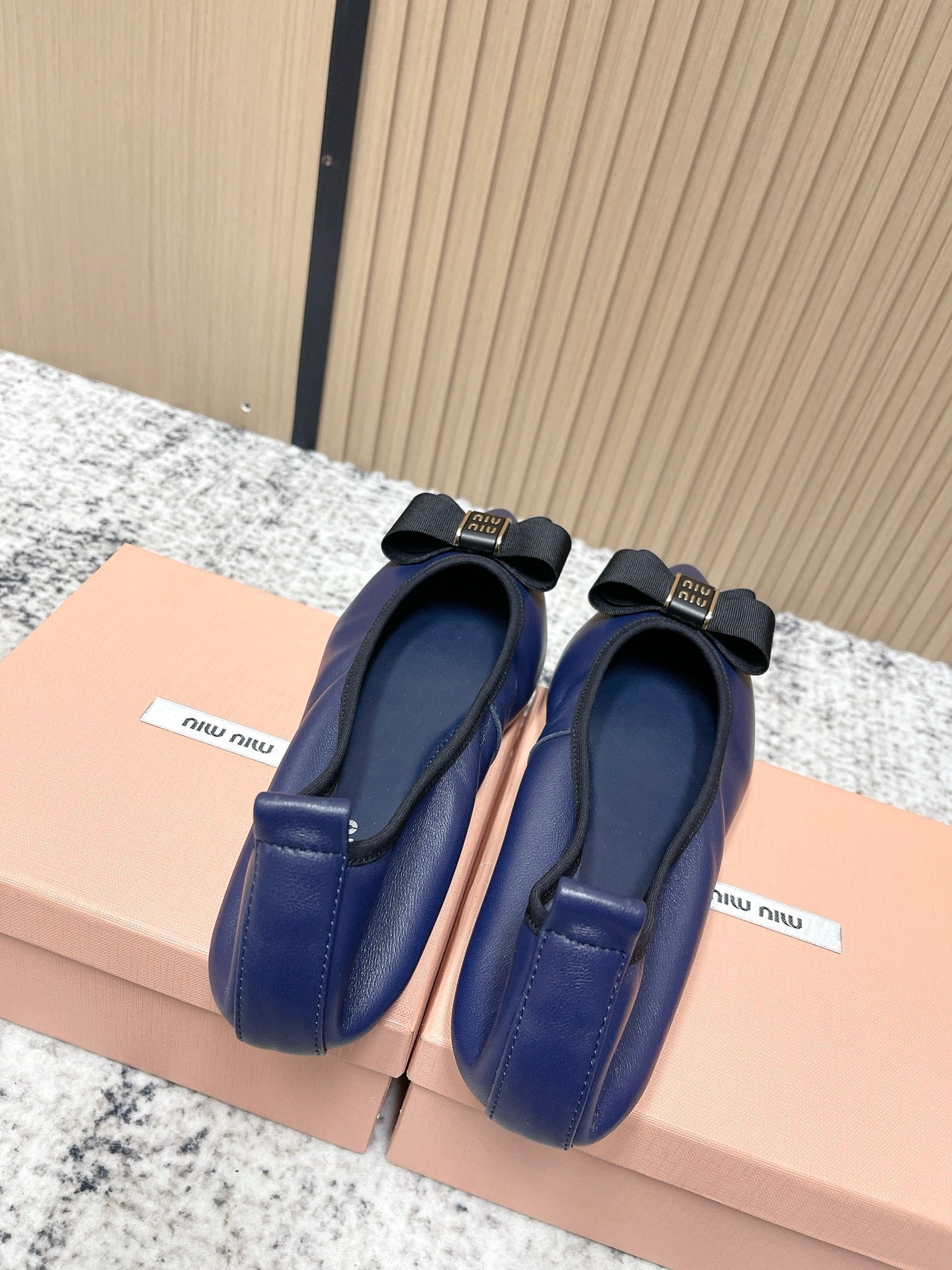 Miu Pointed-Toe Ballet Flats Navy Blue Sheepskin 591563