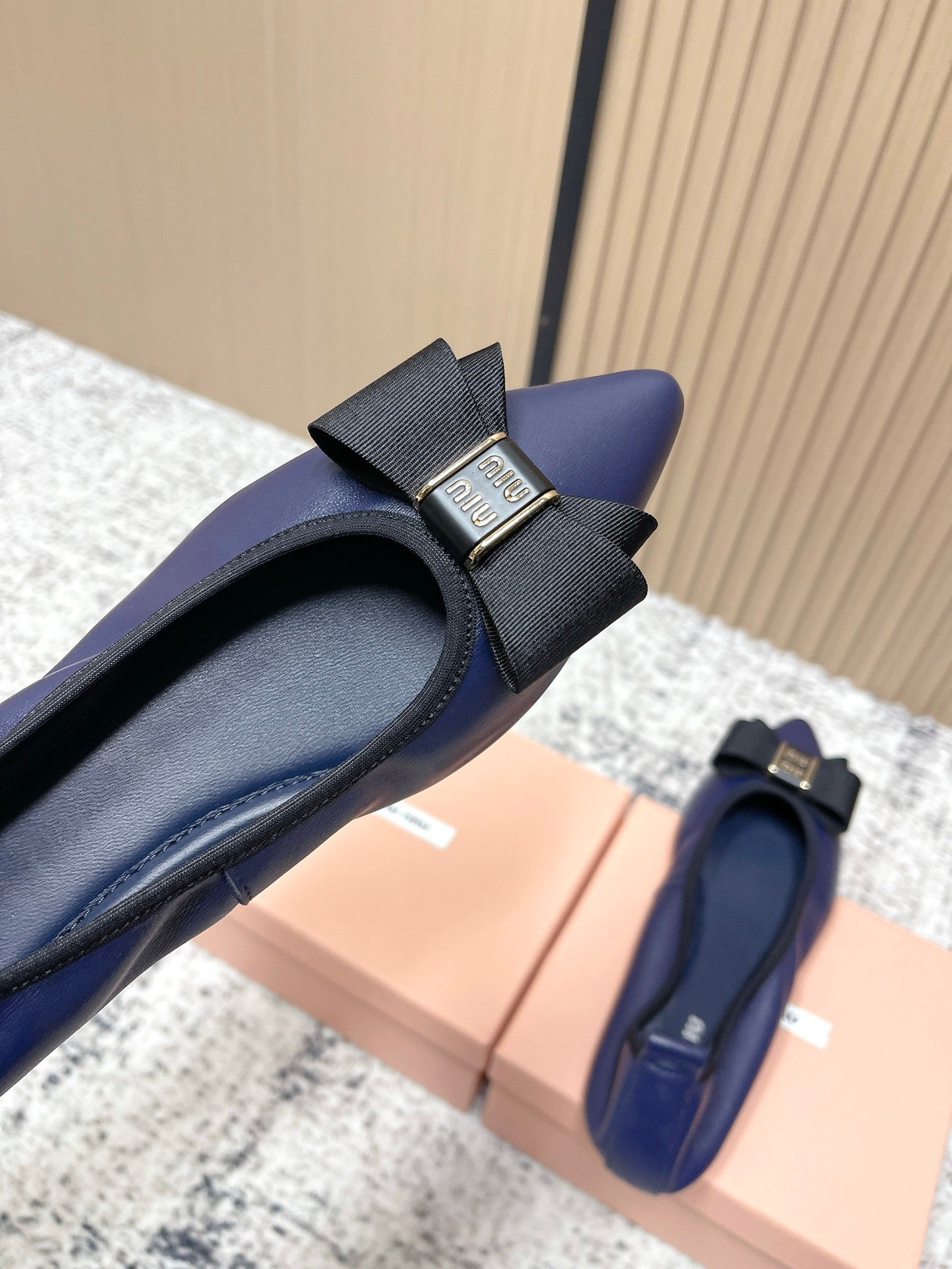 Miu Pointed-Toe Ballet Flats Navy Blue Sheepskin 591563