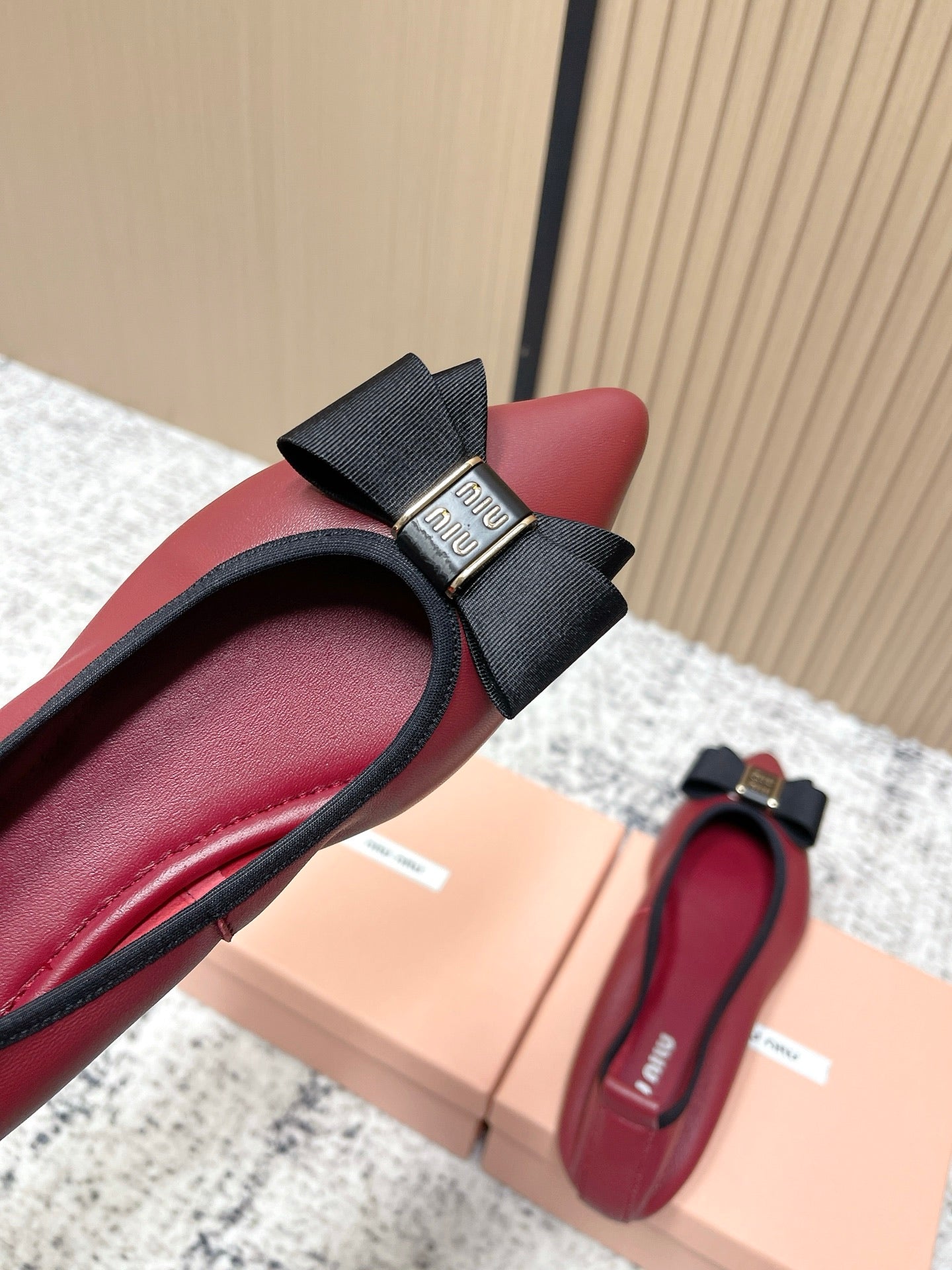 Miu Pointed-Toe Ballet Flats Dark Red Sheepskin 591564