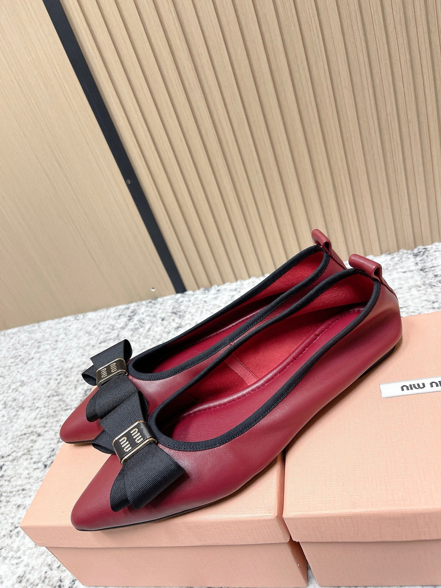 Miu Pointed-Toe Ballet Flats Dark Red Sheepskin 591564