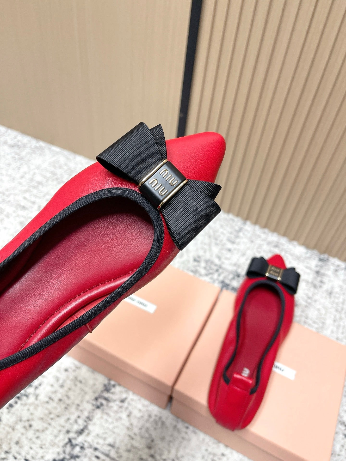 Miu Pointed-Toe Ballet Flats Red  Sheepskin 591566