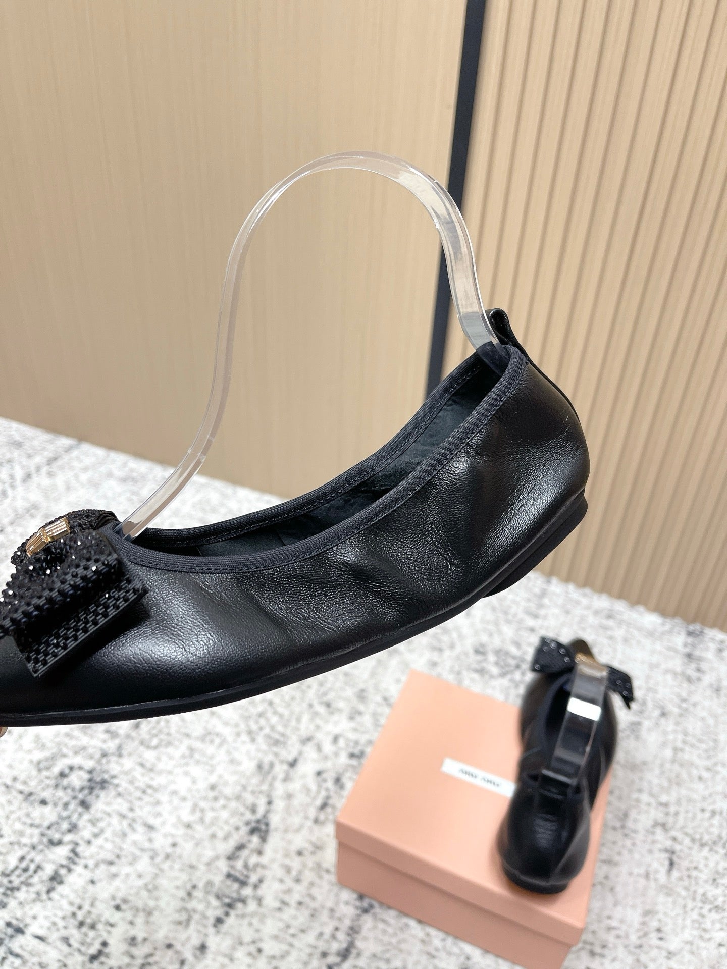 Miu Pointed-Toe Ballet Flats Black Sheepskin 591567