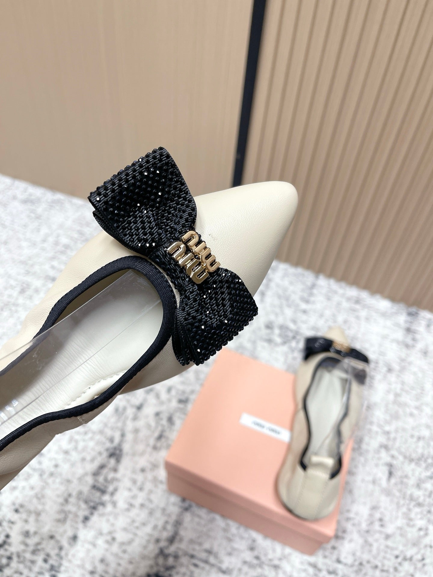 Miu Pointed-Toe Ballet Flats Ivory Sheepskin 591568