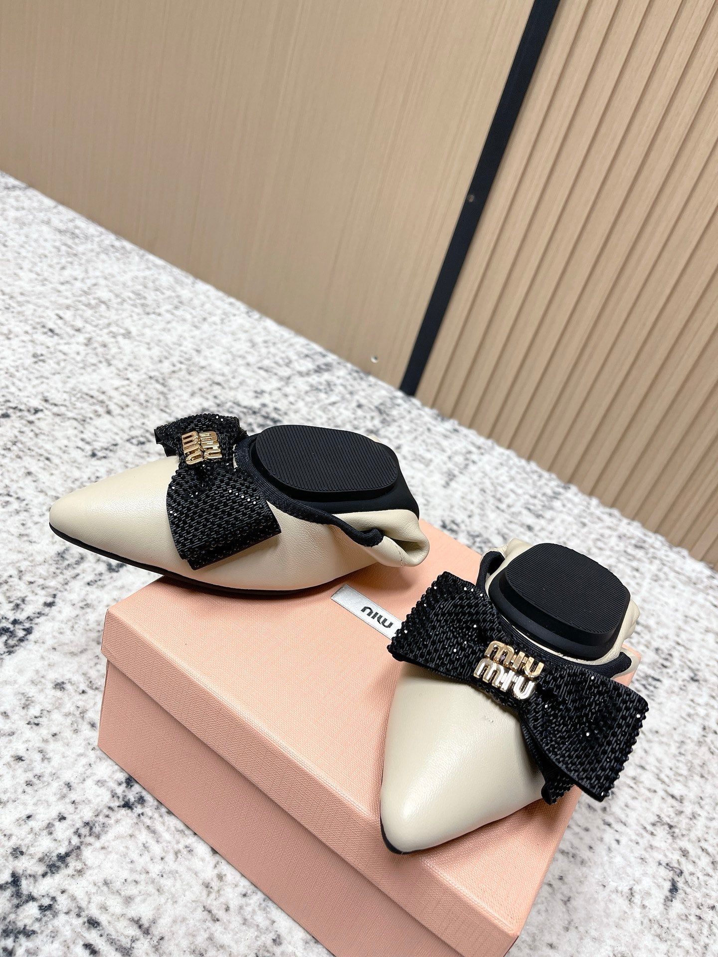 Miu Pointed-Toe Ballet Flats Ivory Sheepskin 591568