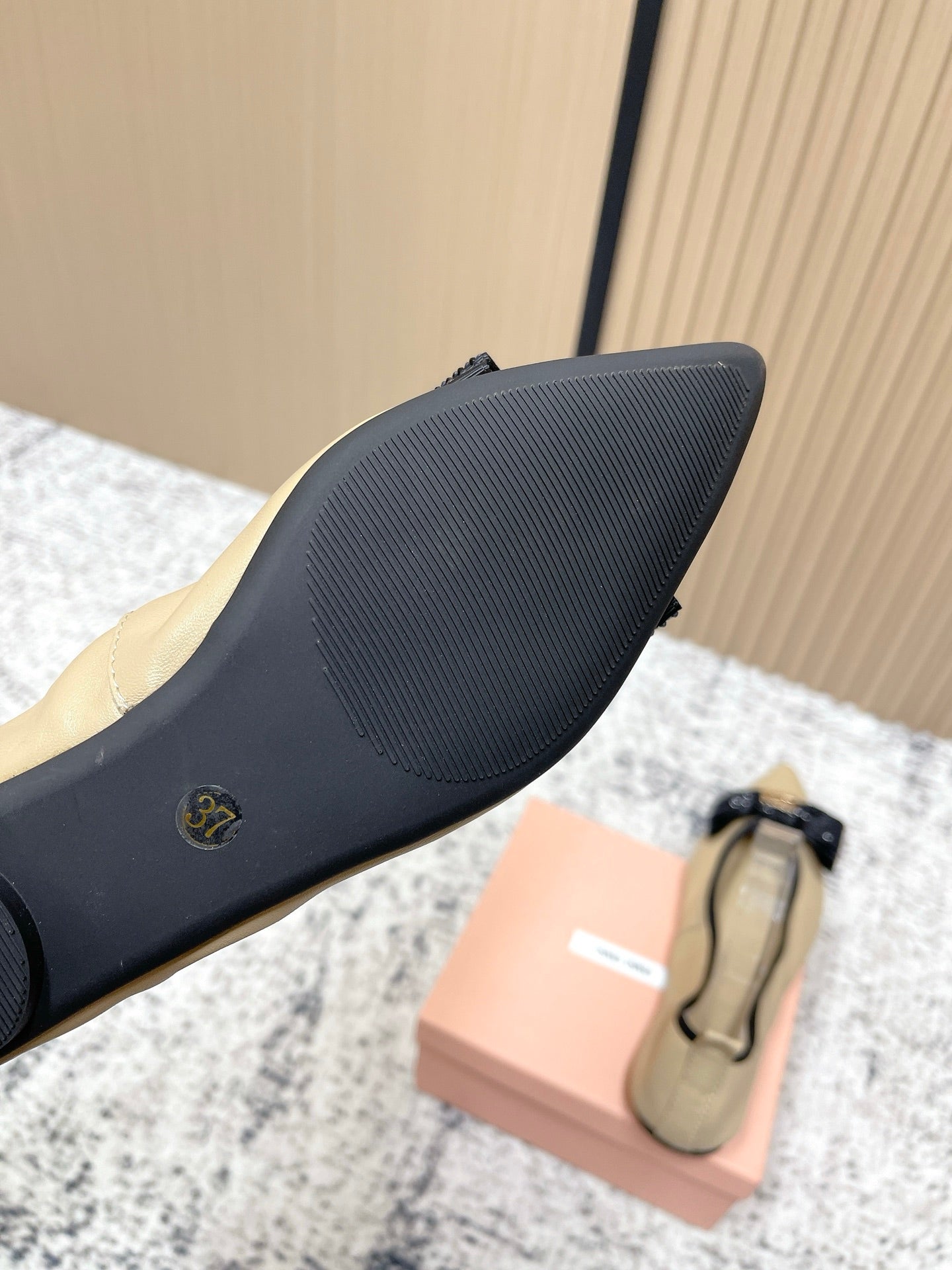 Miu Pointed-Toe Ballet Flats Beige Sheepskin 591569