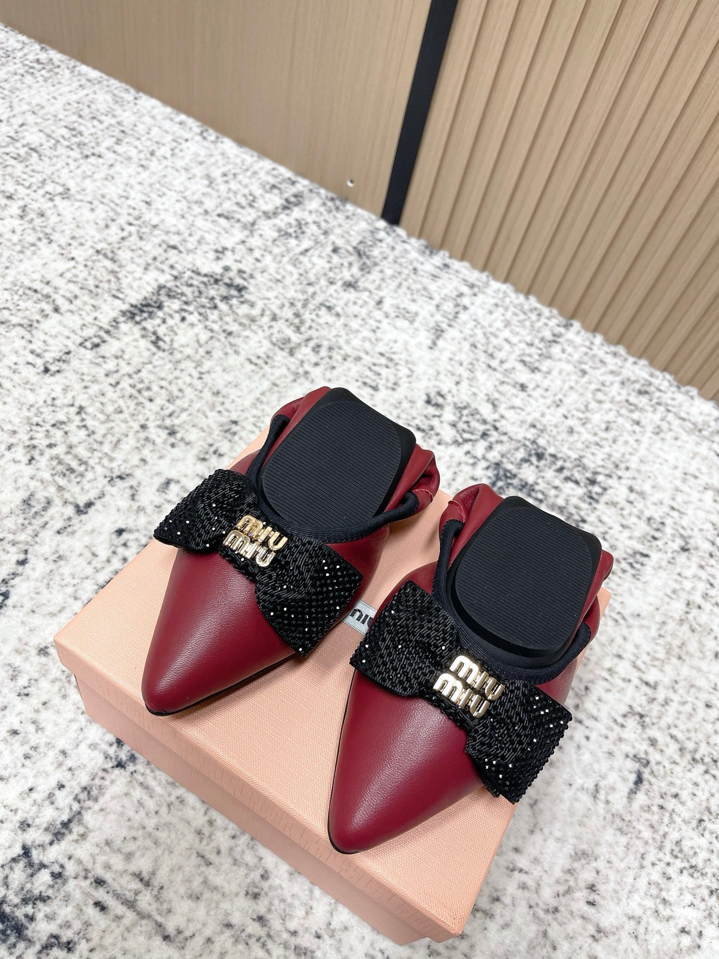 Miu Pointed-Toe Ballet Flats Dark Red Sheepskin 591570