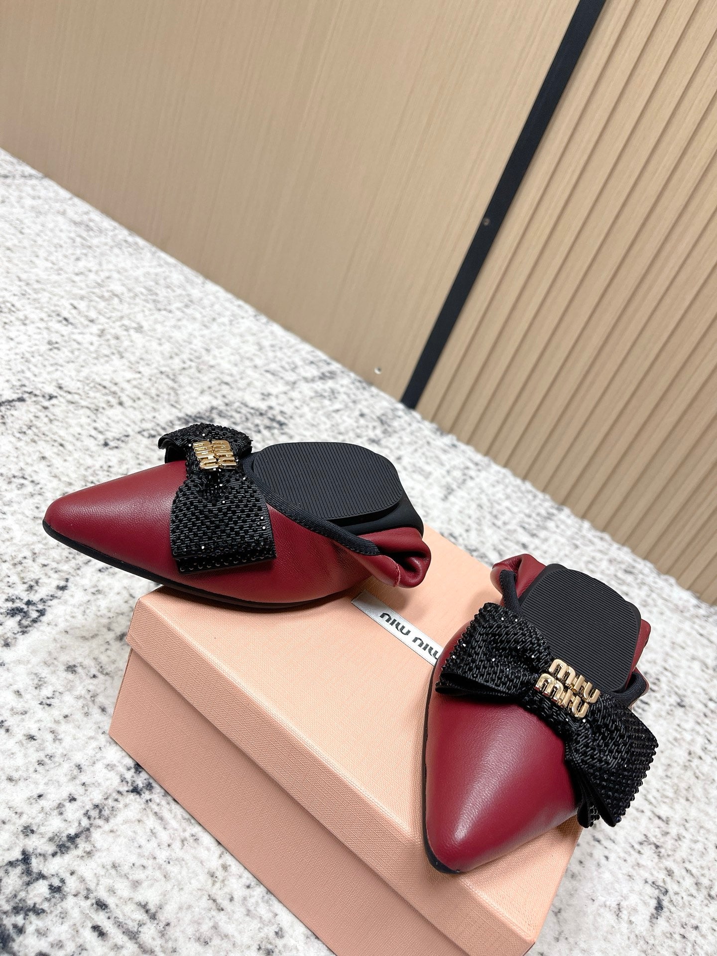 Miu Pointed-Toe Ballet Flats Dark Red Sheepskin 591570