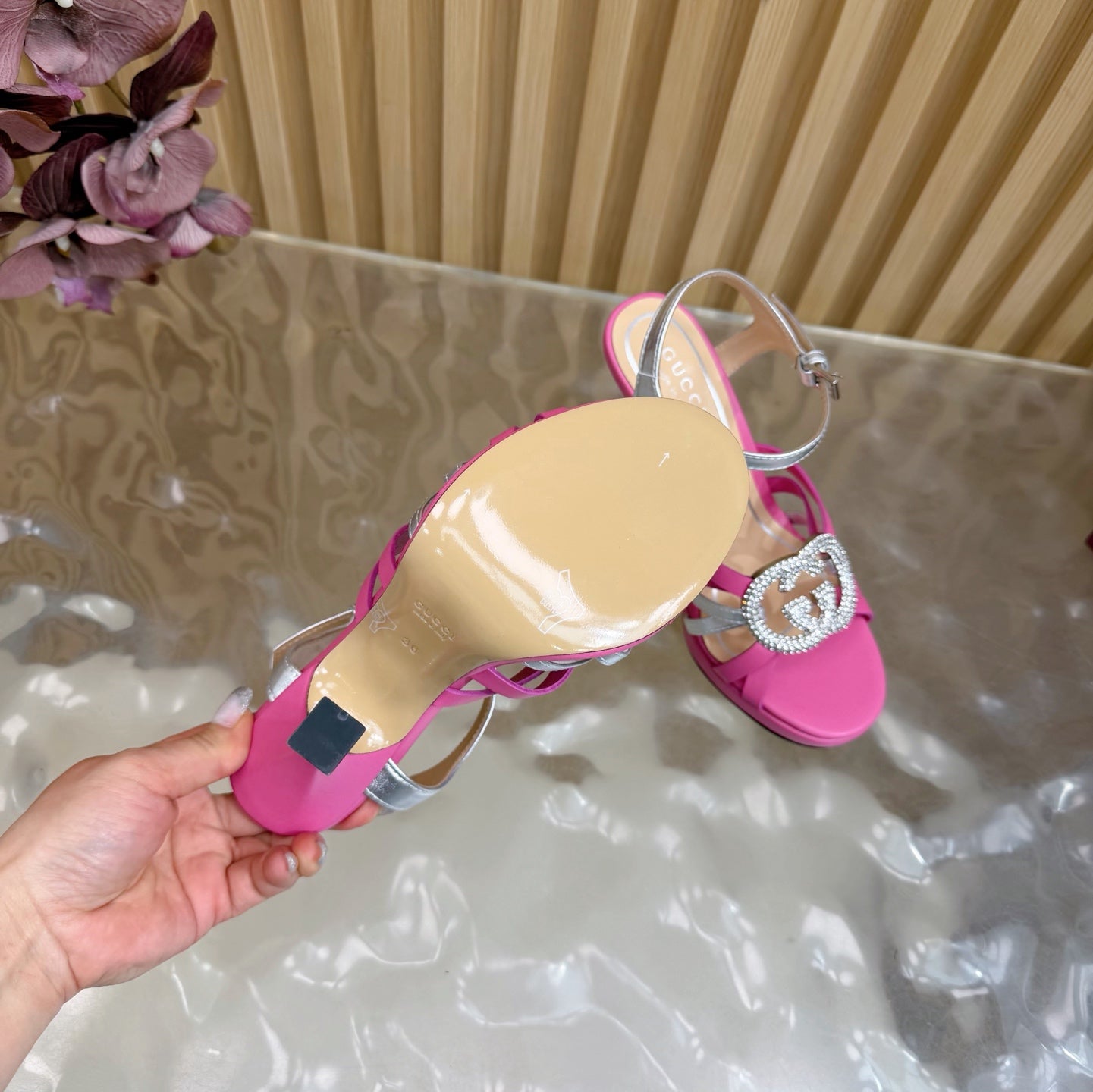 GG 26 High-Heeled Platform Sandals 105  Pink Cowhide 589498