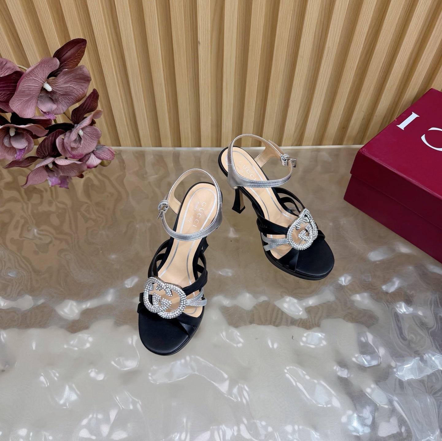 GG 26 High-Heeled Platform Sandals 105 Black Cowhide 589501